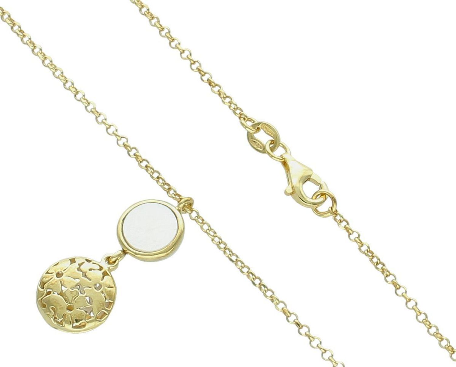 Naszyjnik damski pozłacany ze srebra 925 z zawieszką masa perłowa i delikatne kwiatki. Długość 40 cm. Waga 3,50 g. Lekka i kobieca biżuteria na każdą okazję.1.jpg