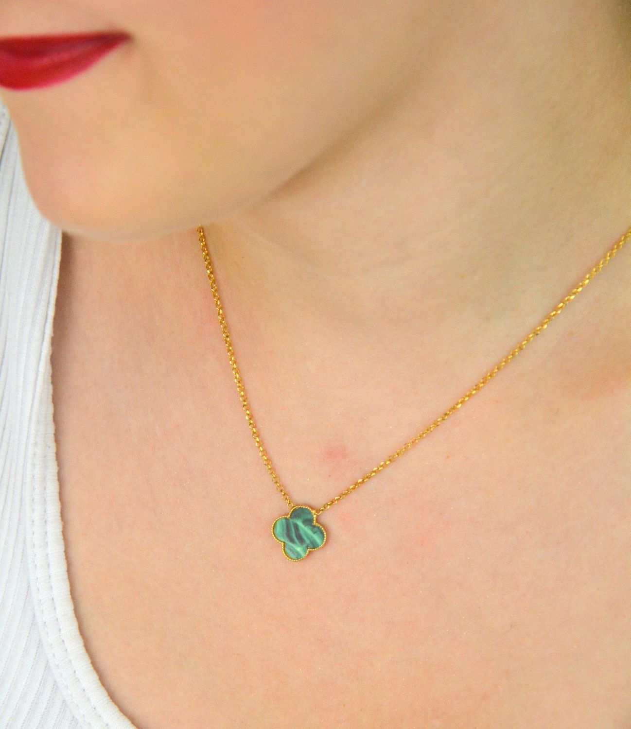 Pozłacany srebrny naszyjnik celebrytka z koniczynką i malachitem  Srebro 925  42 cm + 3 cm (2).jpg