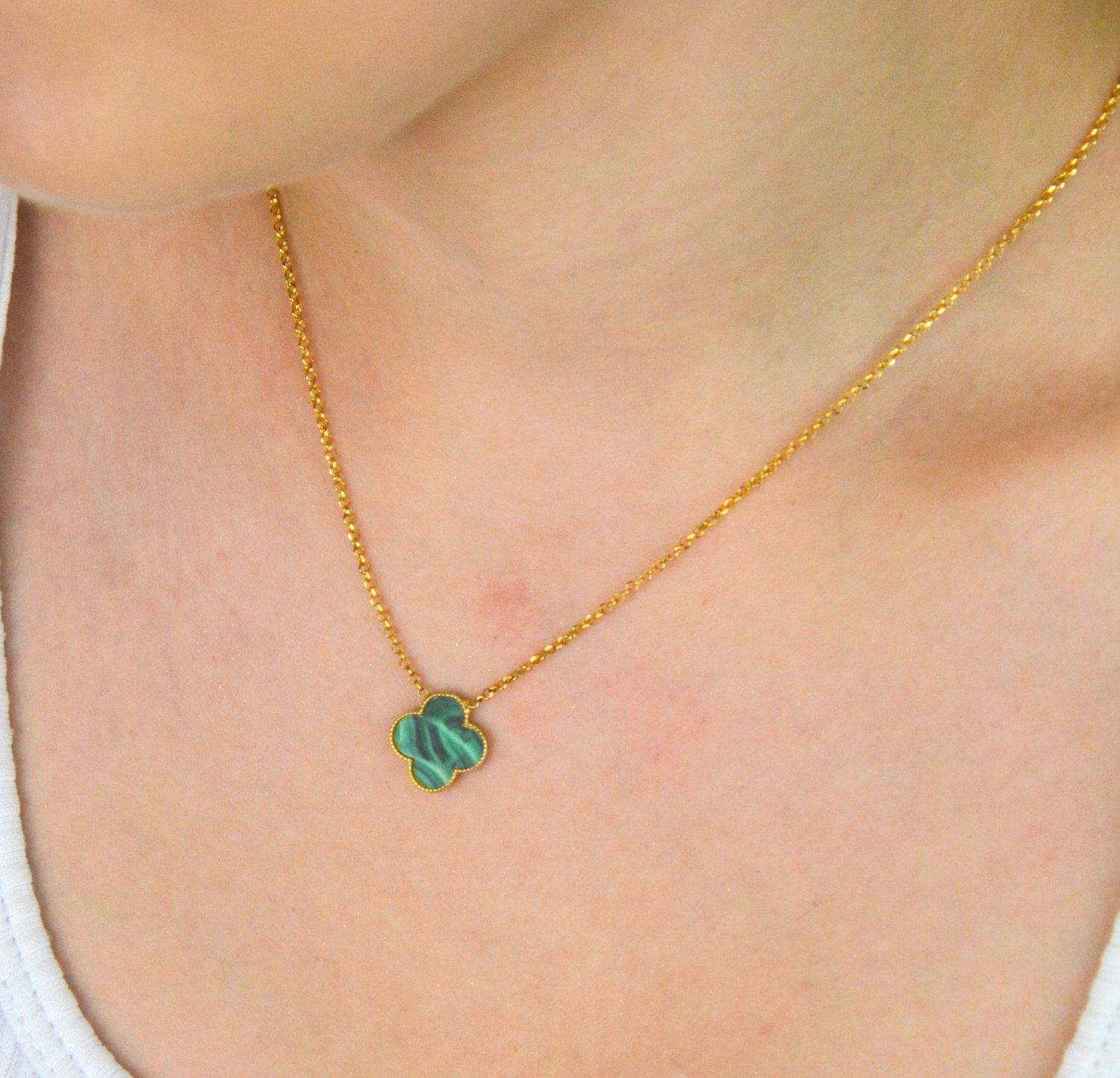 Pozłacany srebrny naszyjnik celebrytka z koniczynką i malachitem  Srebro 925  42 cm + 3 cm (2).jpg