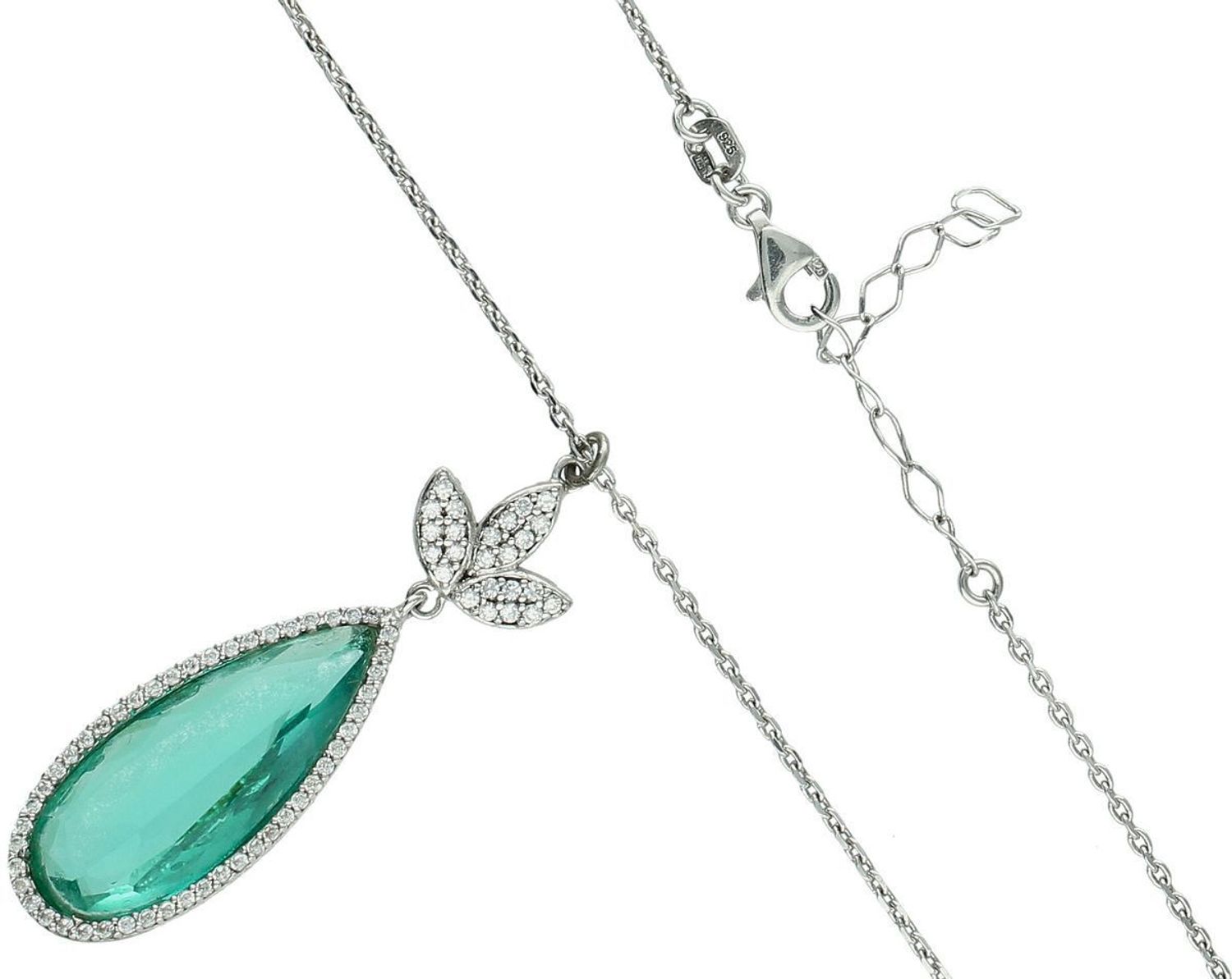 Srebrny naszyjnik z zielonym kryształem i białymi cyrkoniami – regulowana długość 42–45 cm (2).jpg