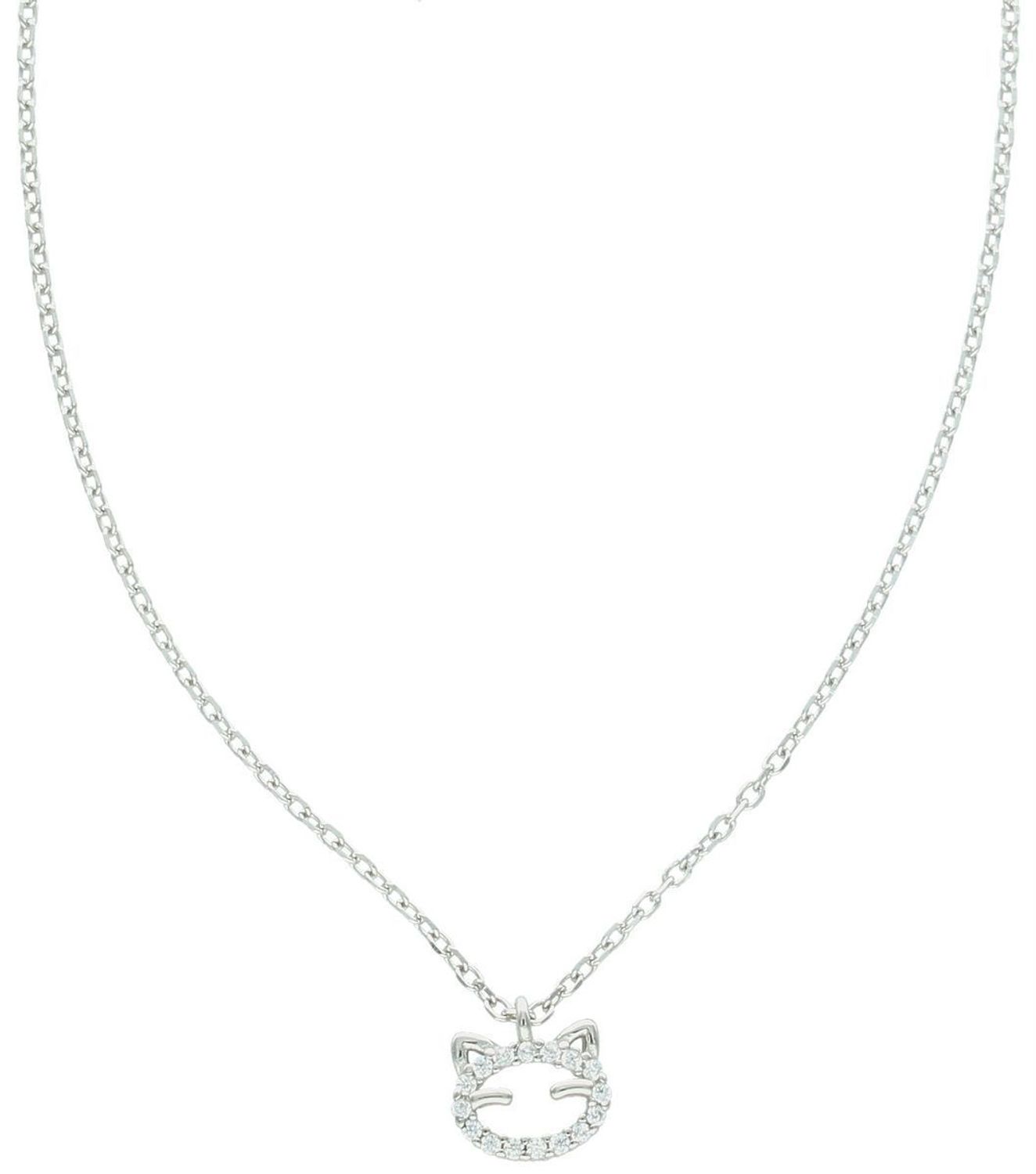 Srebrny naszyjnik DIA-NSZ-13357-925 z małą zawieszką w kształcie kotka, zdobioną cyrkoniami. Srebro próby 925, długość łańcuszka 42 + 3 cm, zawieszka 8 × 6 mm, splot ankier, waga 1,70 g.1.jpg