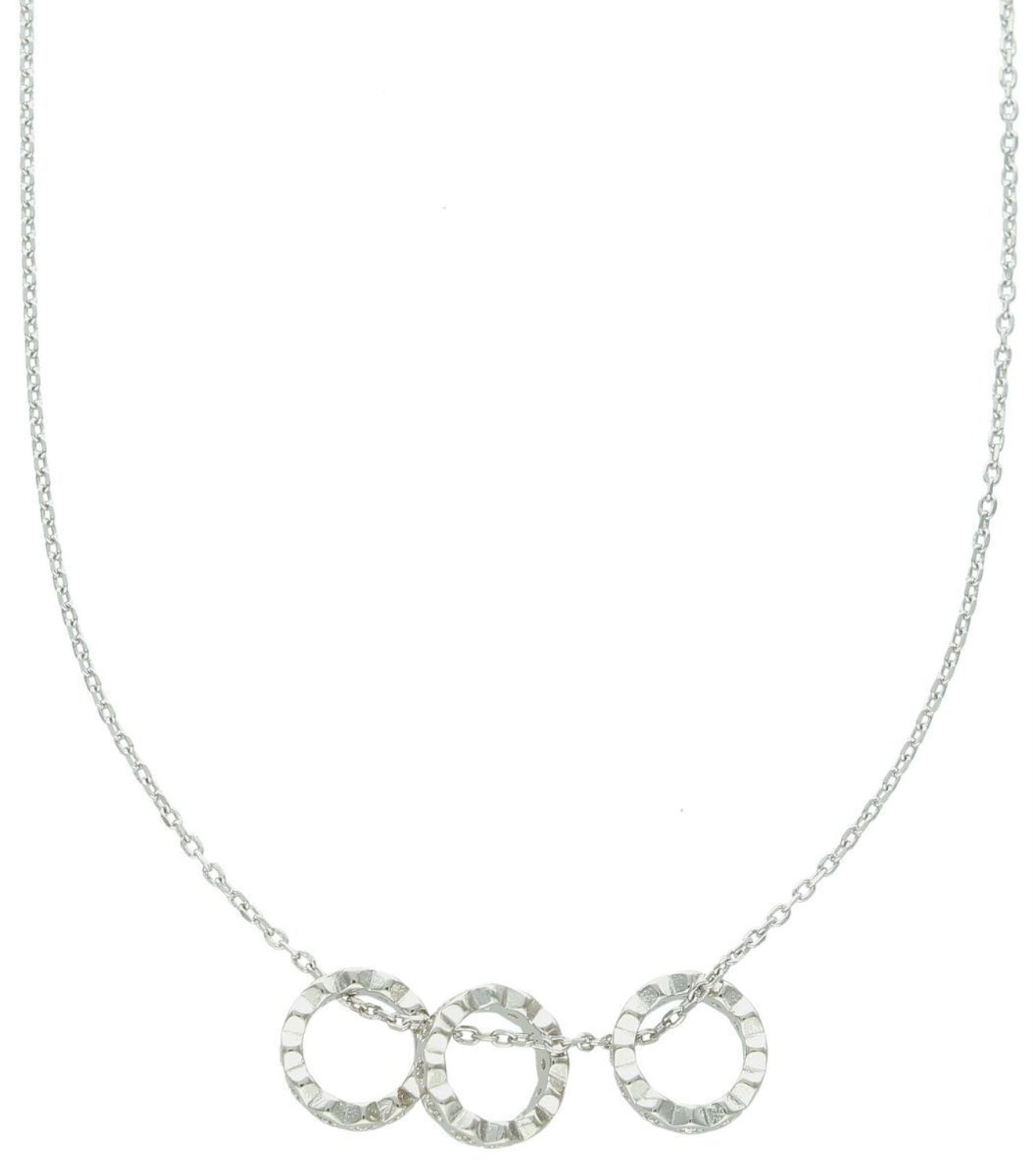 Naszyjnik srebrny DIA-NSZ-13358-925 z trzema kółeczkami zdobionymi cyrkoniami, długość 42+3 cm, splot ankier, srebro próby 925, waga 3,20 g. Subtelny blask i nowoczesna elegancja.1.jpg