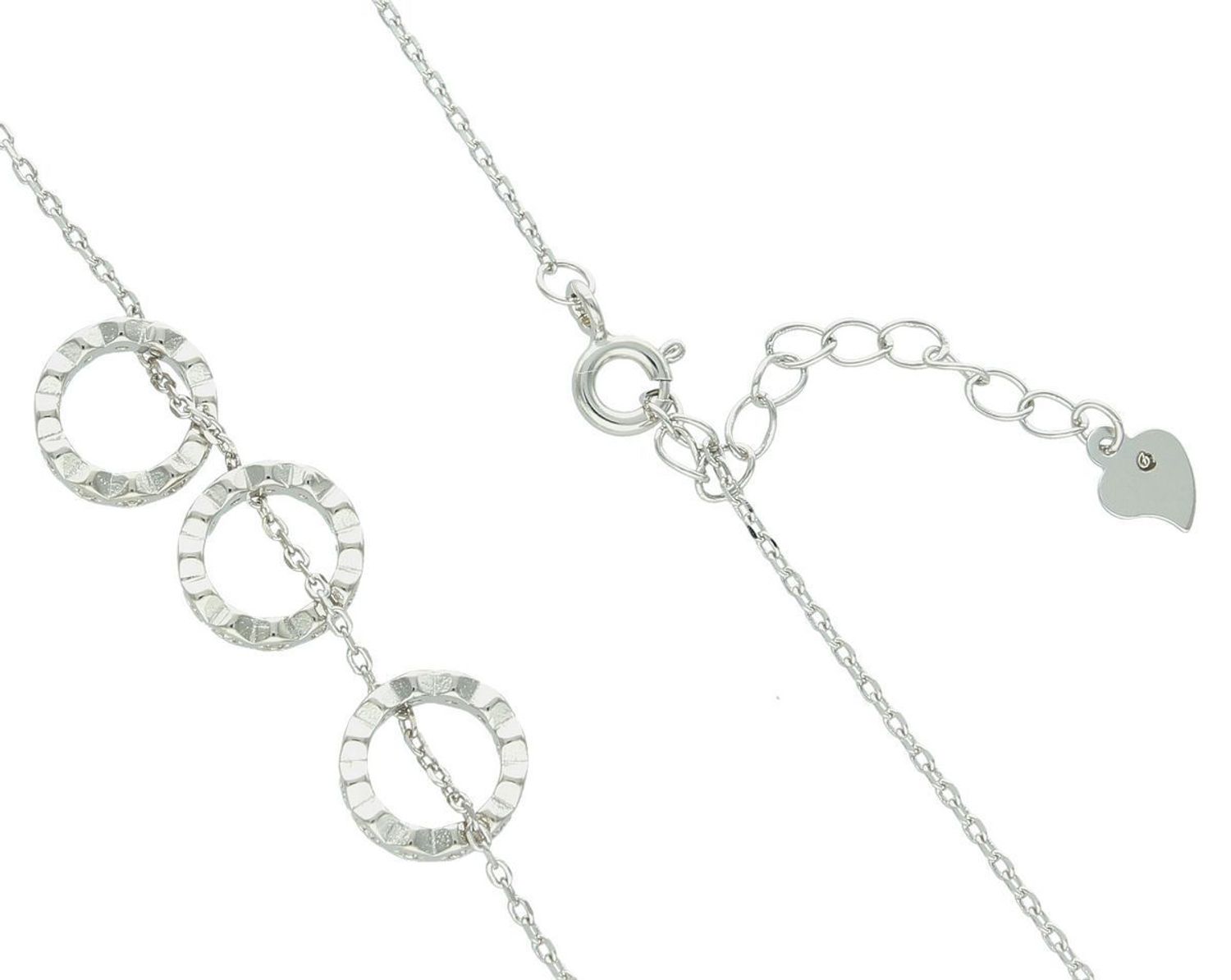 Naszyjnik srebrny DIA-NSZ-13358-925 z trzema kółeczkami zdobionymi cyrkoniami, długość 42+3 cm, splot ankier, srebro próby 925, waga 3,20 g. Subtelny blask i nowoczesna elegancja.1.jpg