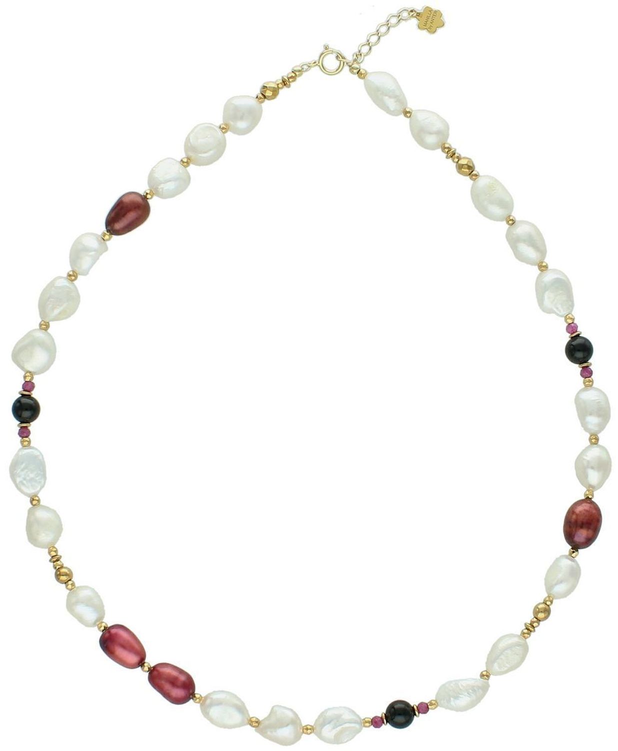 Elegancki naszyjnik srebrny próby 925, pozłacany, z perłą, rubinem i agatem. Długość 41 + 3 cm. Kamienie 3–10 mm. Ręcznie wykonana biżuteria naturalna.1.jpg