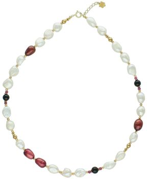Elegancki naszyjnik srebrny próby 925, pozłacany, z perłą, rubinem i agatem. Długość 41 + 3 cm. Kamienie 3–10 mm. Ręcznie wykonana biżuteria naturalna.1.jpg
