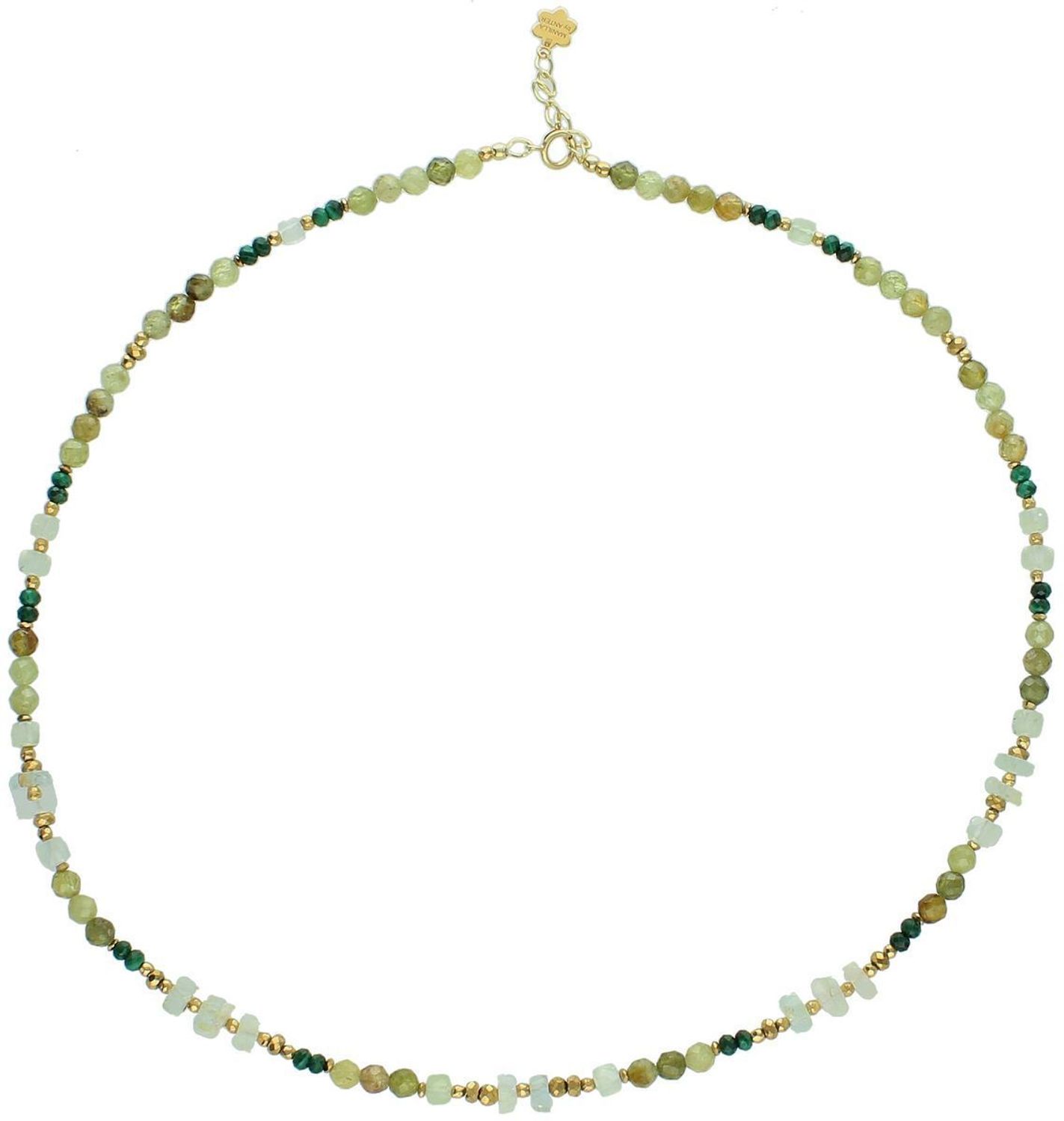 Damski naszyjnik srebrny próba 925 ozdobiony naturalnymi kamieniami prehnit, grossular i akwamaryn zielony. Długość 45+2 cm, waga 11 g, zapięcie na karabińczyk.1.jpg