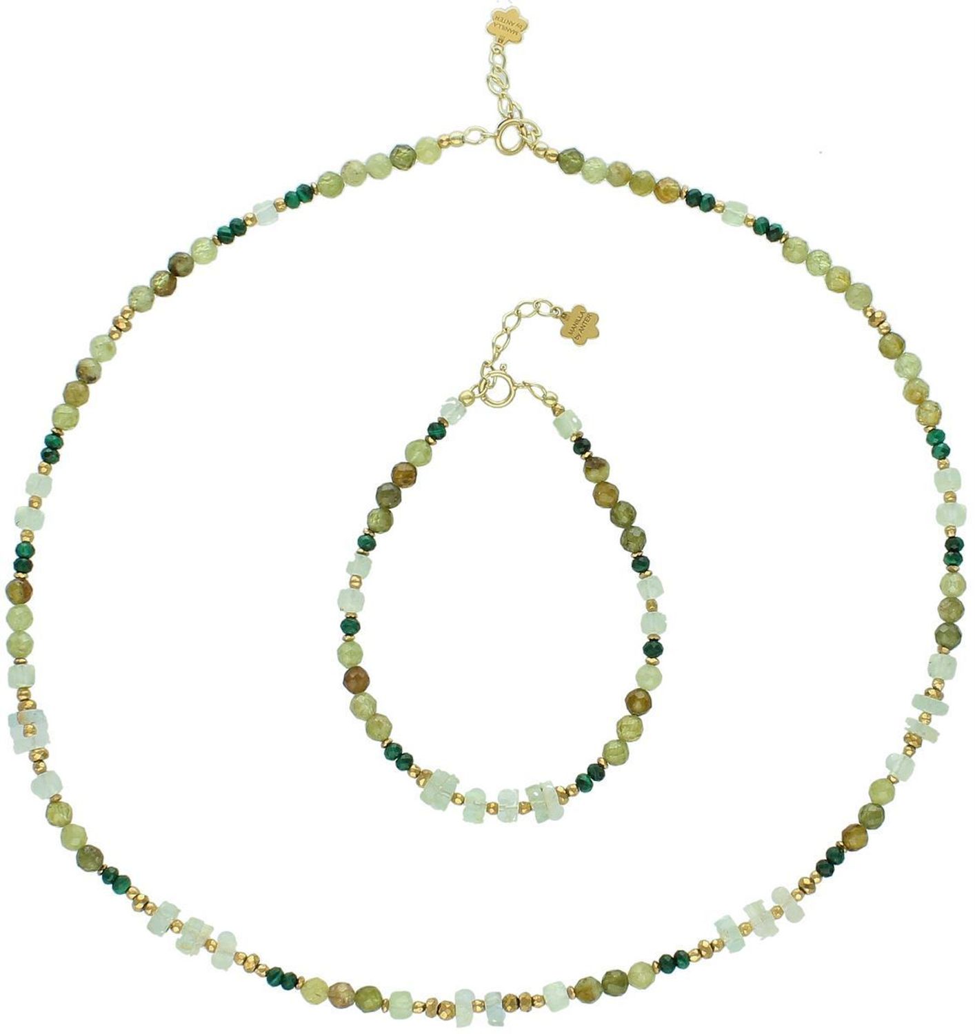 Damski naszyjnik srebrny próba 925 ozdobiony naturalnymi kamieniami prehnit, grossular i akwamaryn zielony. Długość 45+2 cm, waga 11 g, zapięcie na karabińczyk.1.jpg