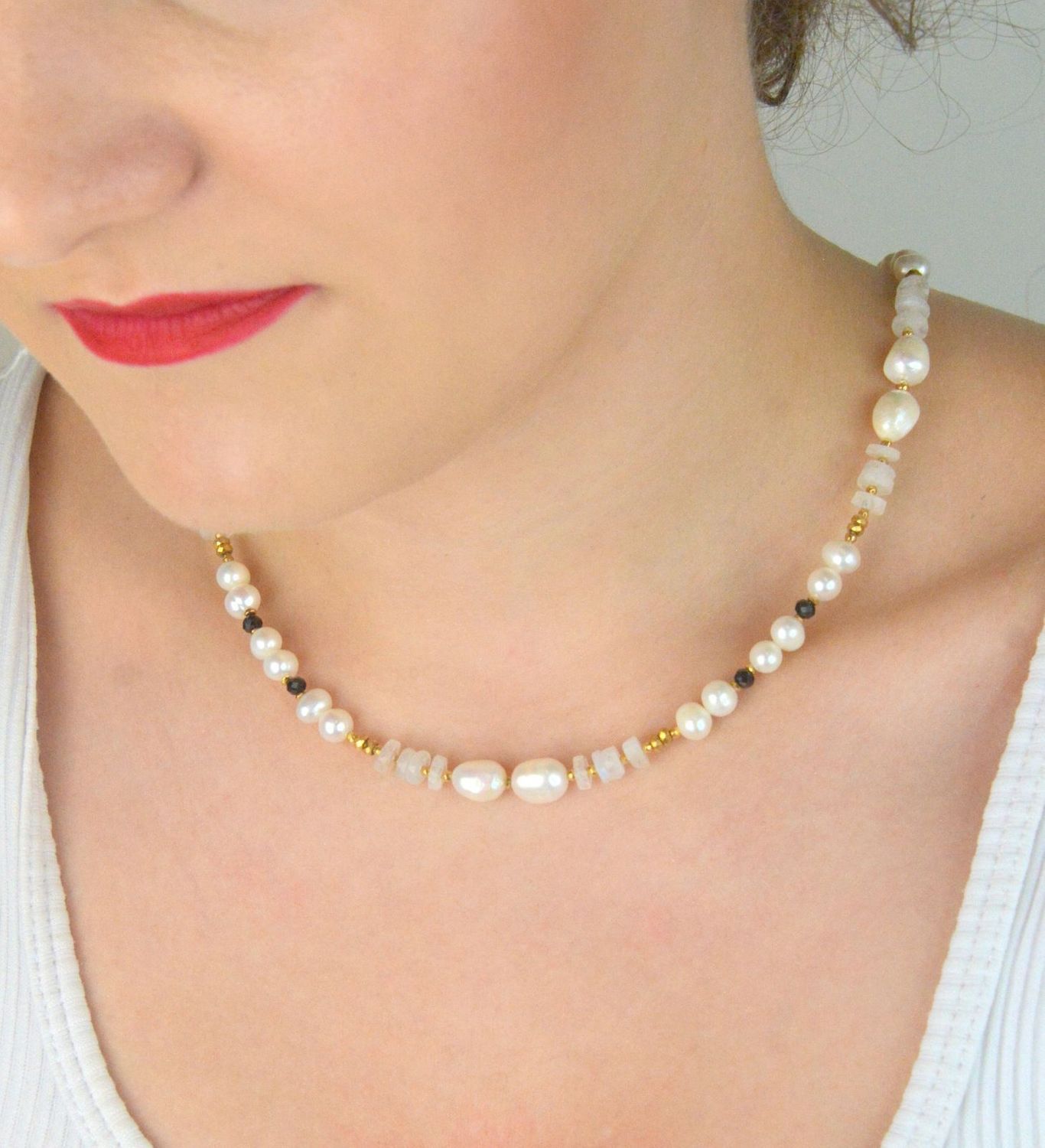 Naszyjnik damski srebrny pozłacany z perłą, kamieniem księżycowym i turmalinem  Kamienie naturalne  DIA-NSZ-13517-925  Srebro 925  45 + 2 cm.jpg