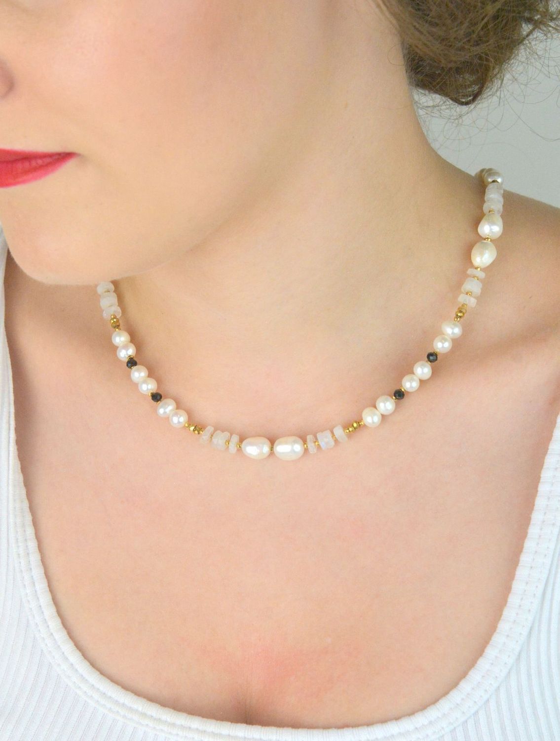 Naszyjnik damski srebrny pozłacany z perłą, kamieniem księżycowym i turmalinem  Kamienie naturalne  DIA-NSZ-13517-925  Srebro 925  45 + 2 cm.jpg