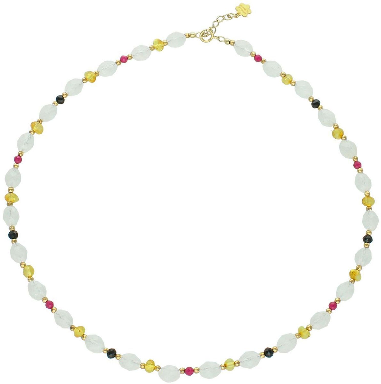 Naszyjnik srebrny próby 925 z naturalnymi kamieniami rubin, bursztyn i kwarc różowy. Długość 41+3 cm, zapięcie na karabińczyk, waga 14,50 g.1.jpg