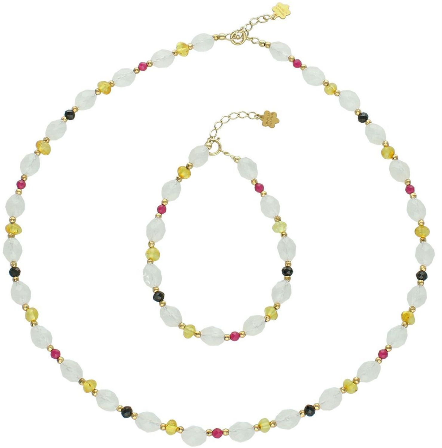 Naszyjnik srebrny próby 925 z naturalnymi kamieniami rubin, bursztyn i kwarc różowy. Długość 41+3 cm, zapięcie na karabińczyk, waga 14,50 g.1.jpg