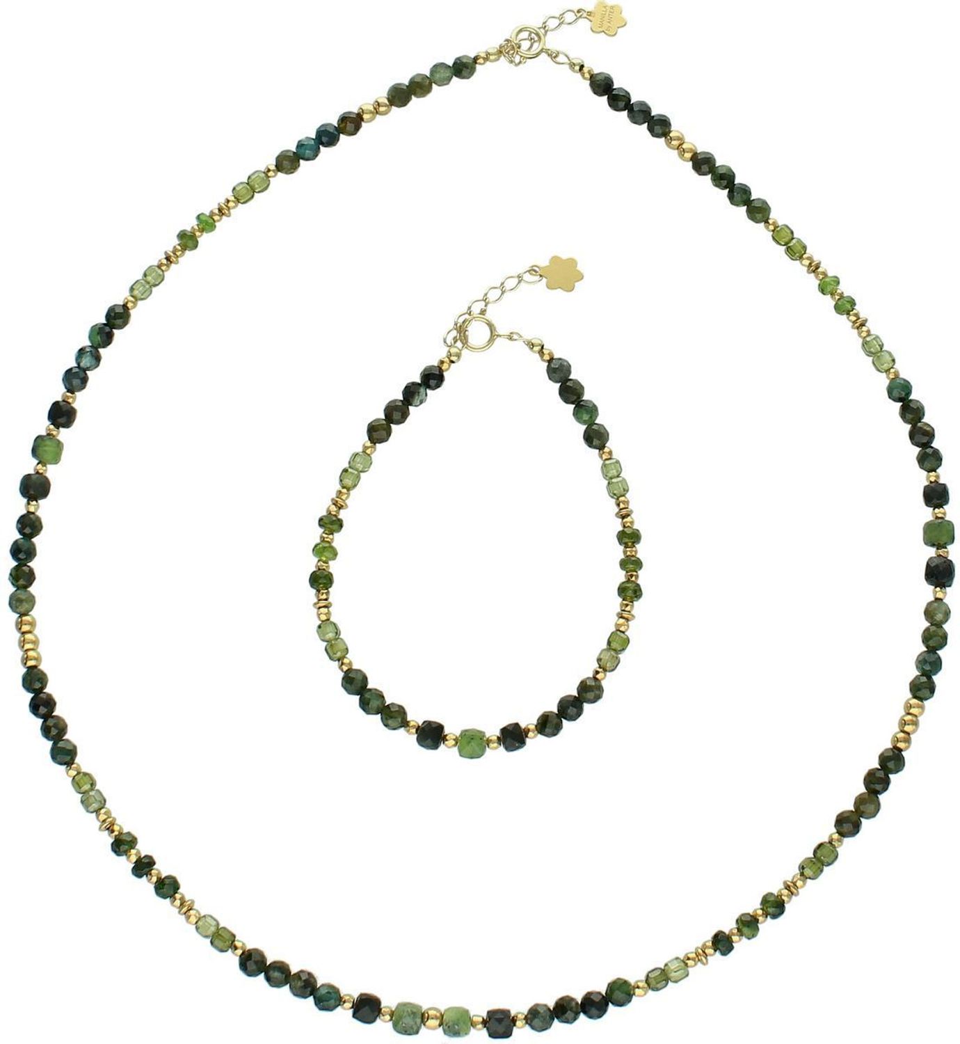 Naszyjnik damski srebrny pozłacany próby 925 z naturalnymi kamieniami nefryt i verdelit. Długość 45+3 cm, zapięcie na karabińczyk, waga 10,70 g.1.jpg