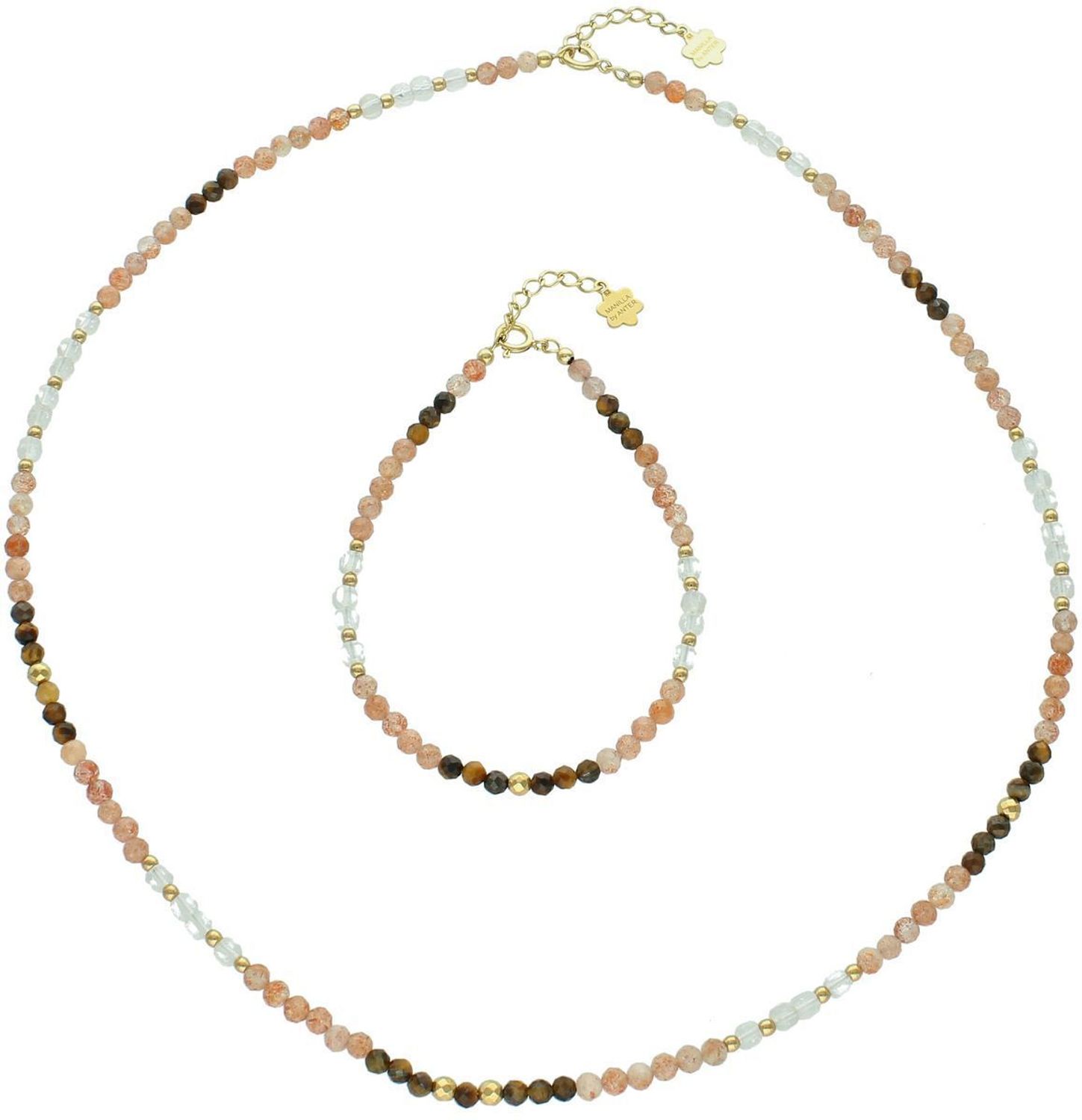 Damski naszyjnik srebrny próba 925 z naturalnymi kamieniami kamień słoneczny i tygrysie oko. Długość 45+2 cm, kamienie 3 mm, zapięcie na karabińczyk.1.jpg