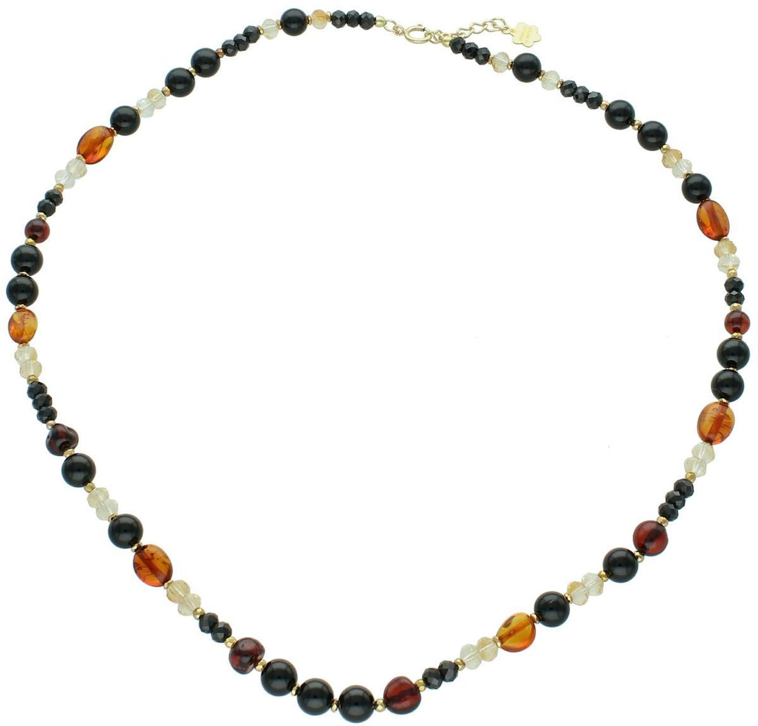 Piękny naszyjnik damski ze srebra próby 925, z naturalnymi kamieniami bursztyn, turmalin, cytryn i spinel. Długość 43 cm + 2 cm regulacji, zapięcie na karabińczyk, 13 g.1.jpg