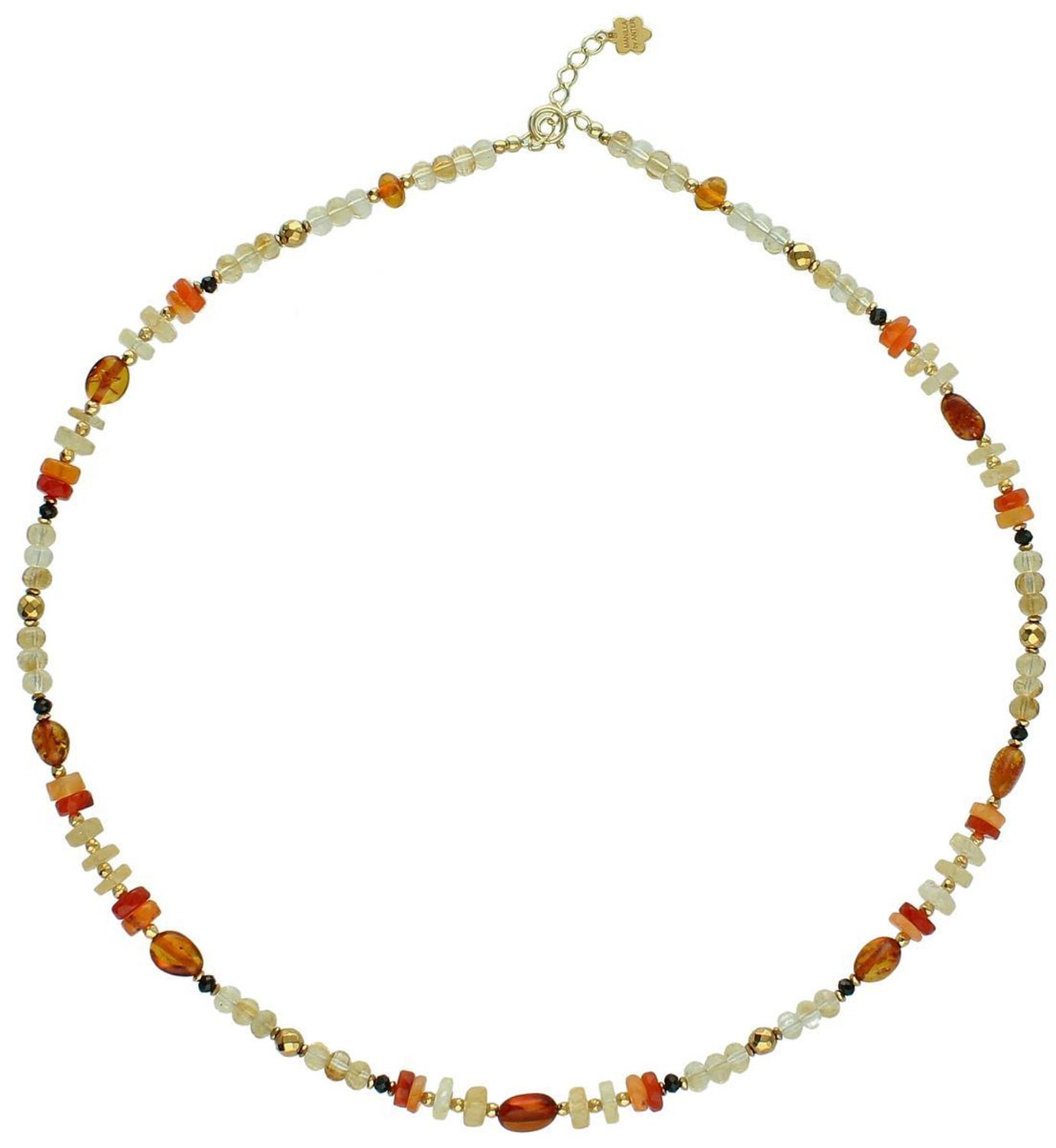 Naszyjnik damski srebrny próby 925 z bursztynem, turmalinem, cytrynem i karneolem. Kamienie 8–2 mm, długość 45 + 2 cm, waga 12 g, zapięcie na karabińczyk.1.jpg
