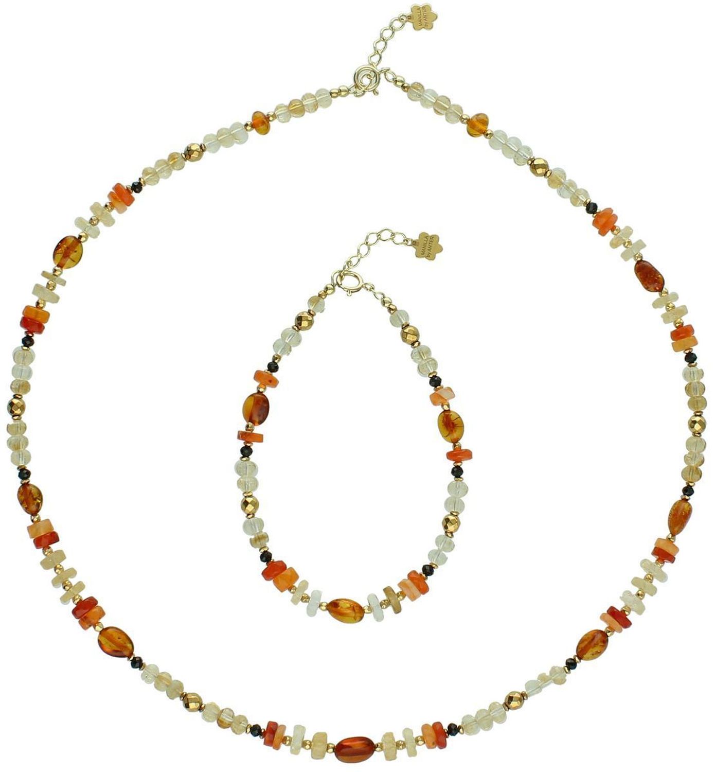 Naszyjnik damski srebrny próby 925 z bursztynem, turmalinem, cytrynem i karneolem. Kamienie 8–2 mm, długość 45 + 2 cm, waga 12 g, zapięcie na karabińczyk.1.jpg