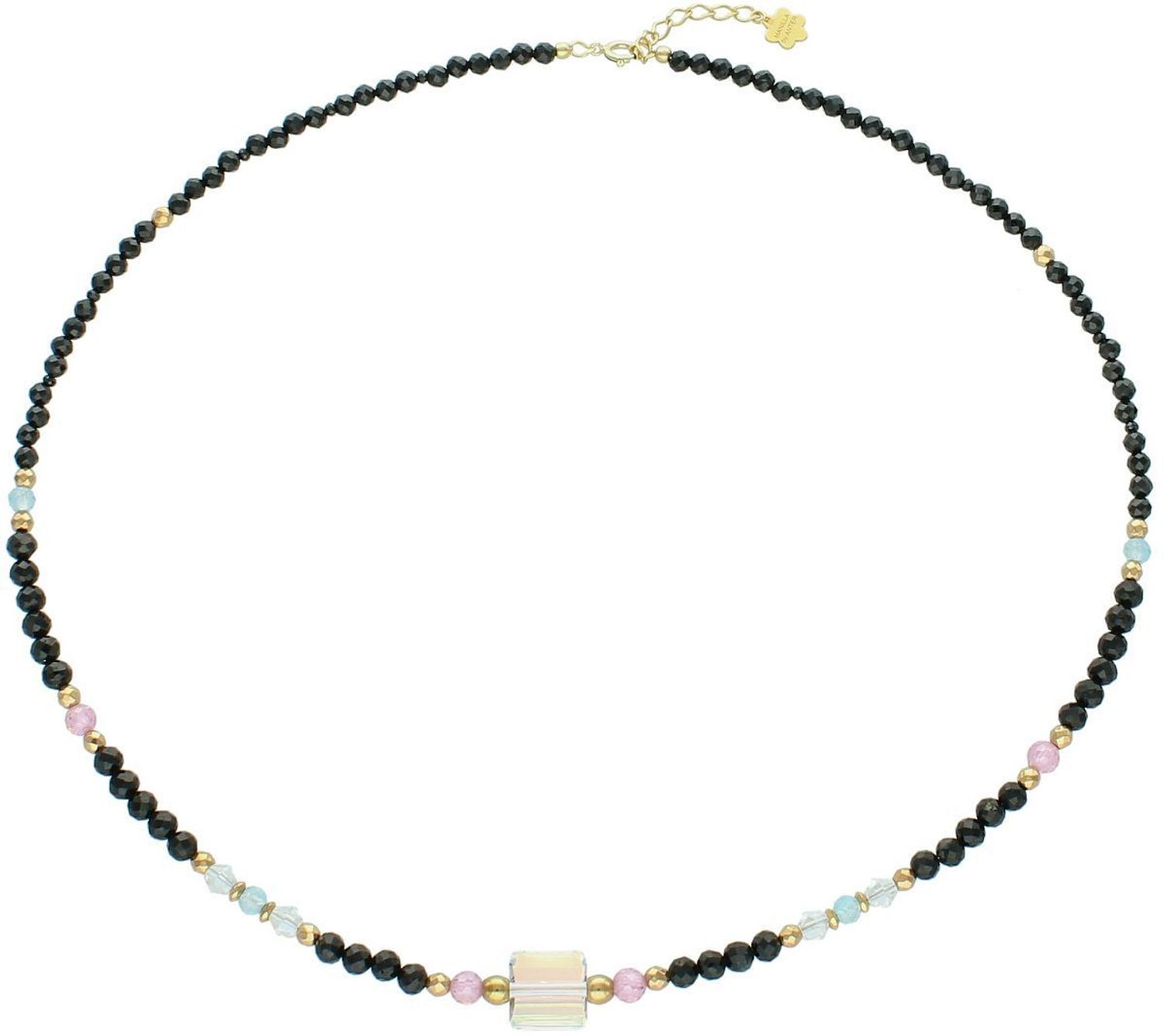 Naszyjnik damski wykonany ze srebra próby 925 z naturalnymi kamieniami turmalin, kryształ, topaz i spinel. Długość 45 + 2 cm, zapięcie na karabińczyk, waga 11,00 g.1.jpg