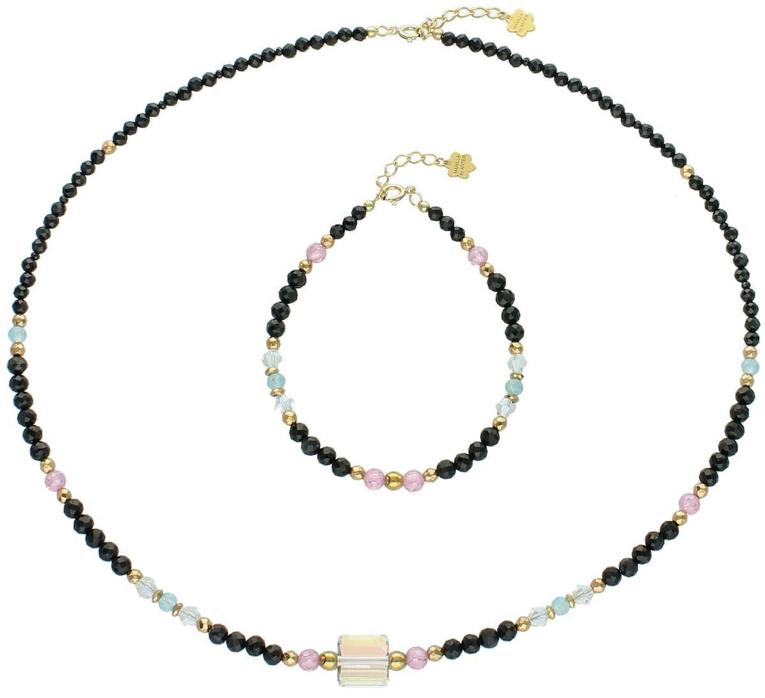 Naszyjnik damski wykonany ze srebra próby 925 z naturalnymi kamieniami turmalin, kryształ, topaz i spinel. Długość 45 + 2 cm, zapięcie na karabińczyk, waga 11,00 g.1.jpg