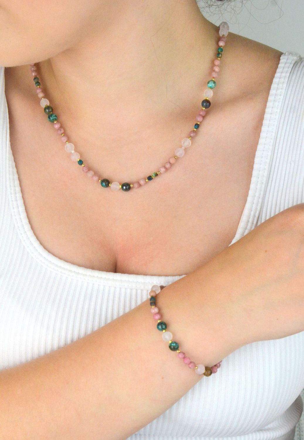 Naszyjnik damski srebrny z chryzokolą, rodonitem i kwarcem różowym – kamienie naturalne  DIA-NSZ-13536-925.jpg