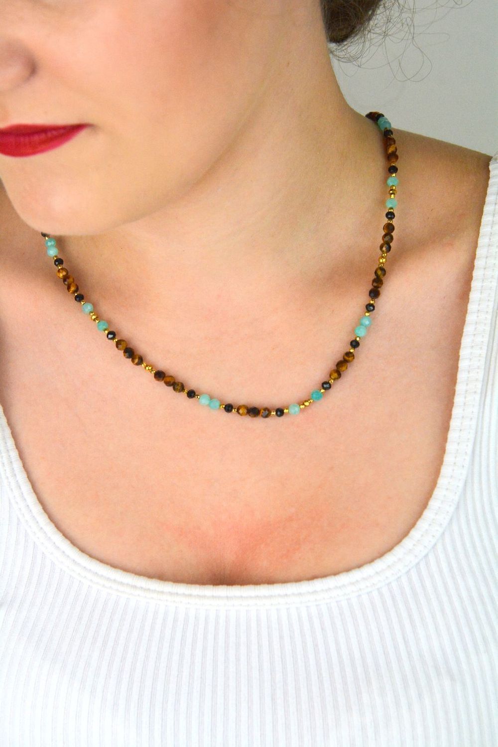 Naszyjnik damski srebrny pozłacany z kamieniami naturalnymi – tygrysie oko, amazonit, turmalin  DIA-NSZ-13537-925.jpg