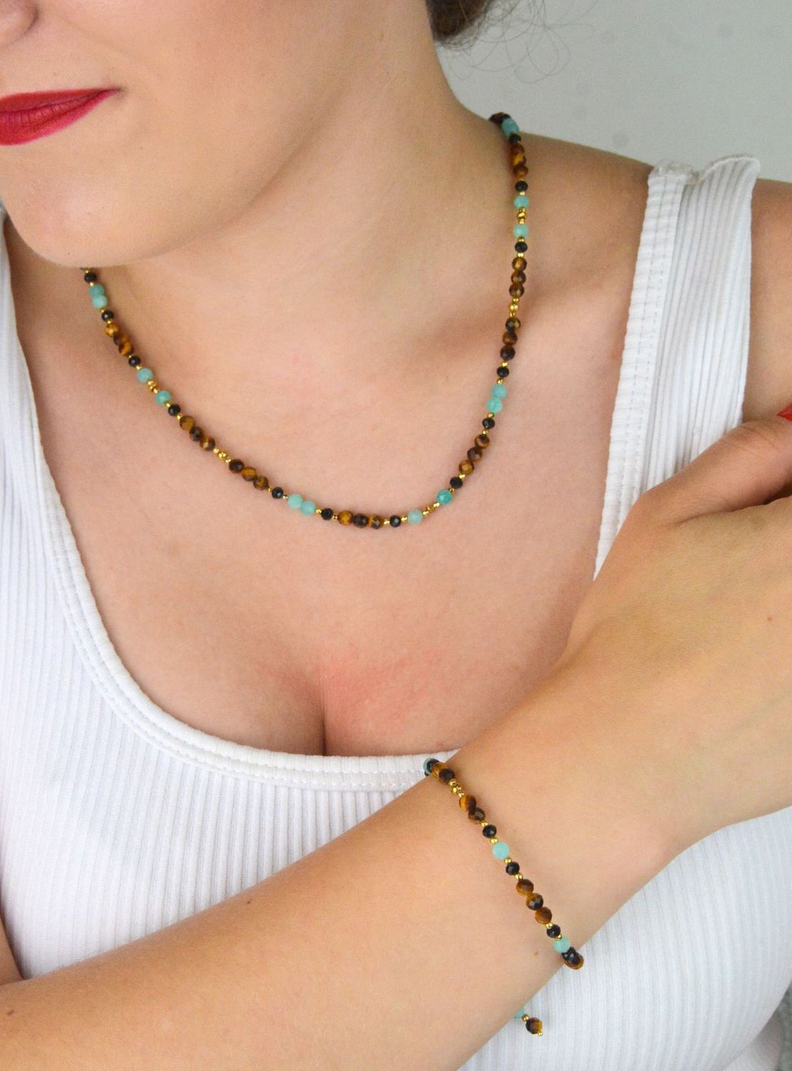 Naszyjnik damski srebrny pozłacany z kamieniami naturalnymi – tygrysie oko, amazonit, turmalin  DIA-NSZ-13537-925.jpg