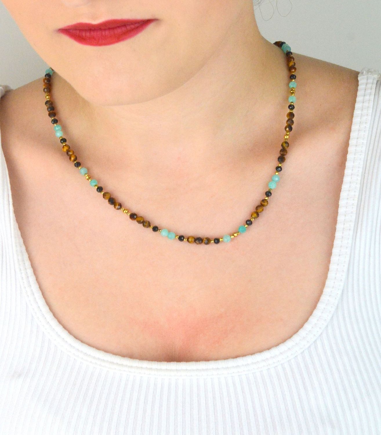 Naszyjnik damski srebrny pozłacany z kamieniami naturalnymi – tygrysie oko, amazonit, turmalin  DIA-NSZ-13537-925.jpg