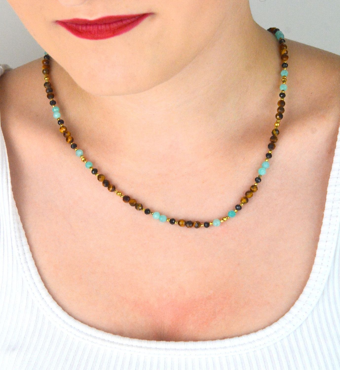 Naszyjnik damski srebrny pozłacany z kamieniami naturalnymi – tygrysie oko, amazonit, turmalin  DIA-NSZ-13537-925.jpg