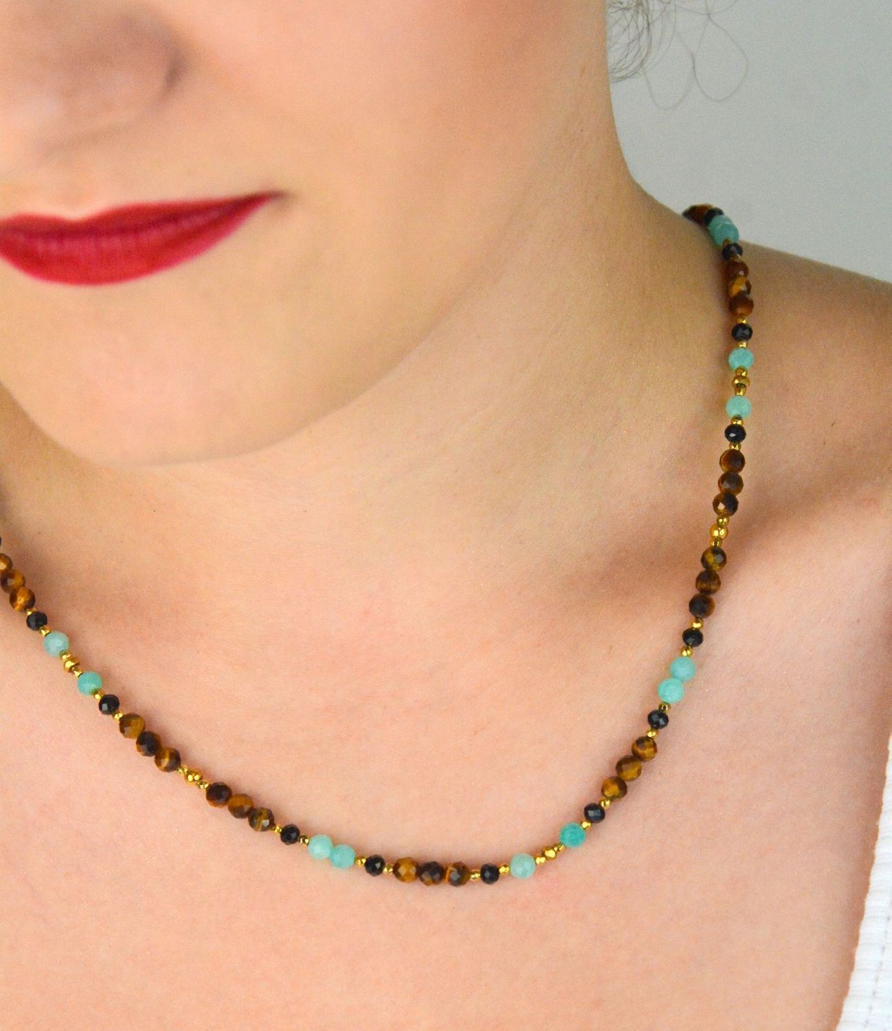 Naszyjnik damski srebrny pozłacany z kamieniami naturalnymi – tygrysie oko, amazonit, turmalin  DIA-NSZ-13537-925.jpg