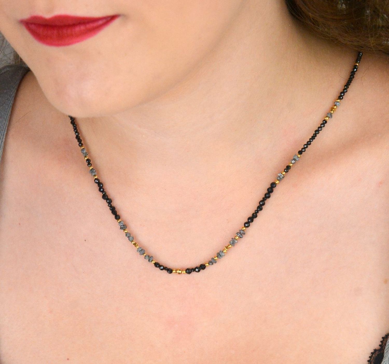 Naszyjnik damski z diamentem Herkimer, spinelem i turmalinem. Kamienie naturalne, pozłacane srebro 925, 42+3 cm. Idealny prezent dla kobiety.1.jpg