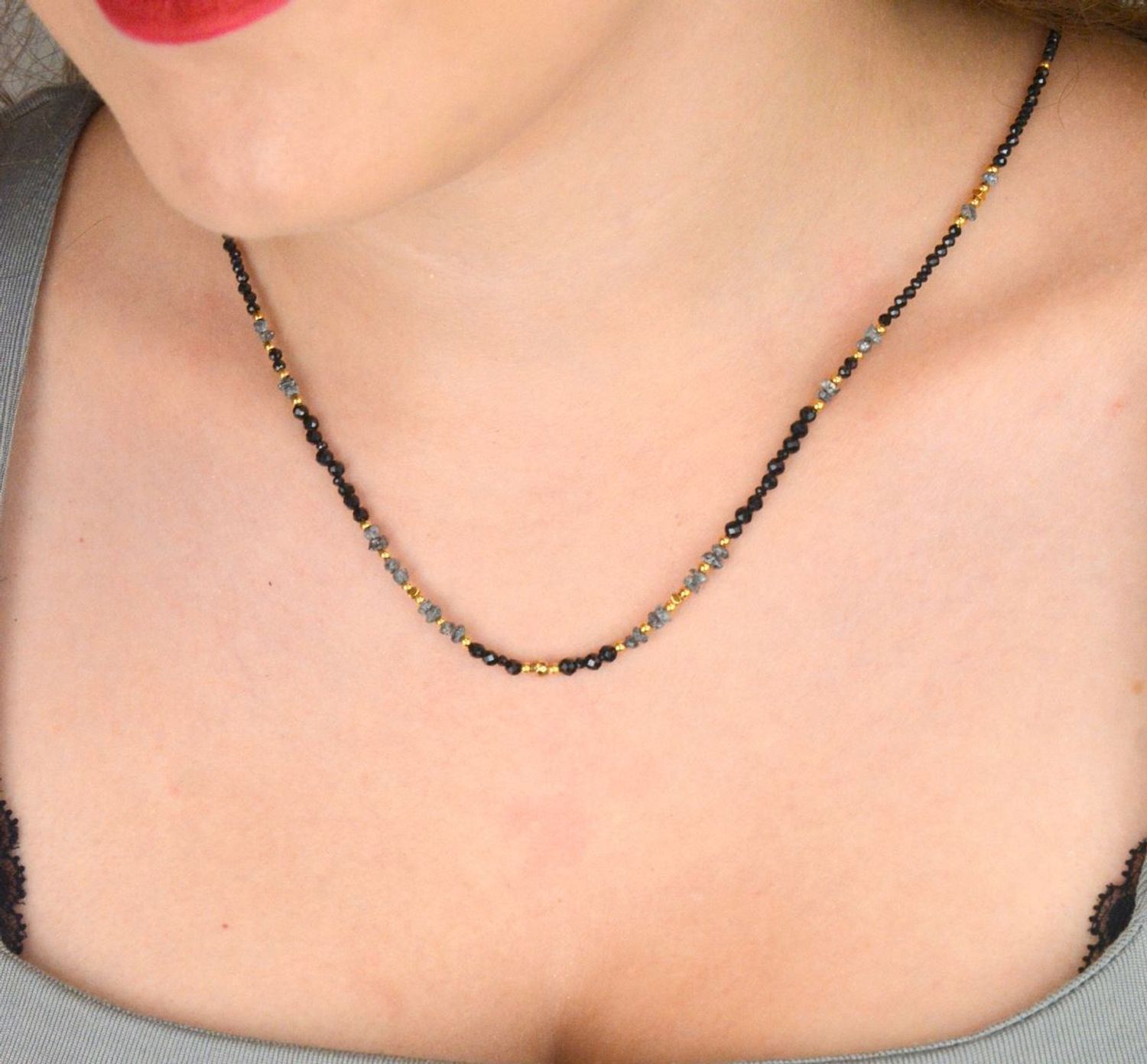 Naszyjnik damski z diamentem Herkimer, spinelem i turmalinem. Kamienie naturalne, pozłacane srebro 925, 42+3 cm. Idealny prezent dla kobiety.1.jpg