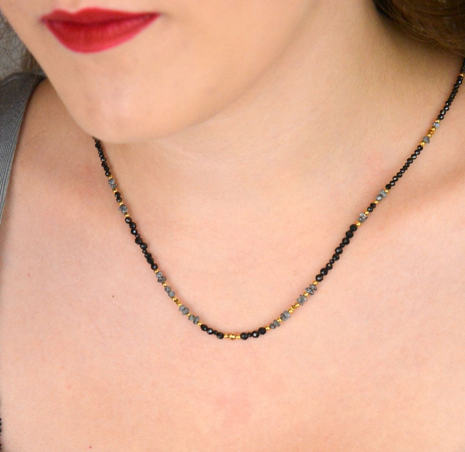 Naszyjnik damski z diamentem Herkimer, spinelem i turmalinem. Kamienie naturalne, pozłacane srebro 925, 42+3 cm. Idealny prezent dla kobiety.1.jpg