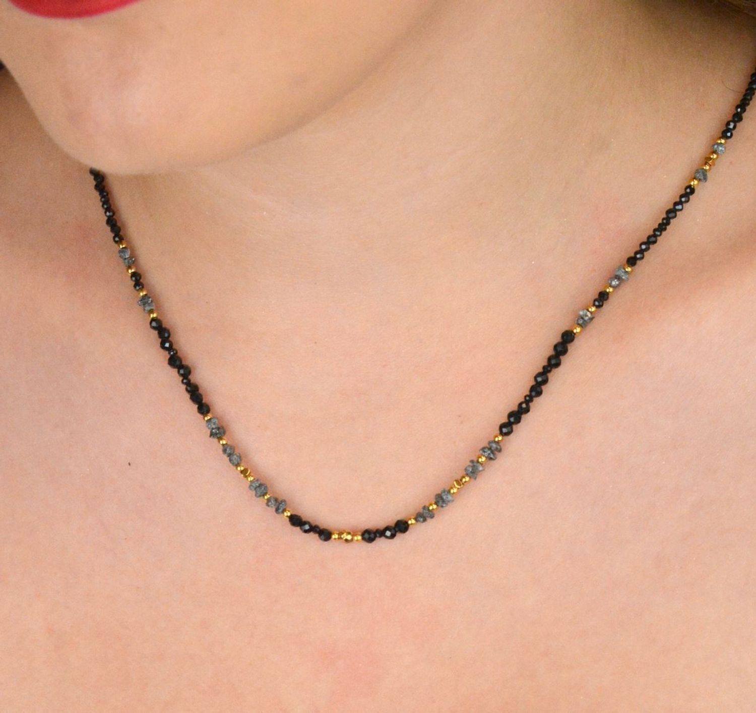 Naszyjnik damski z diamentem Herkimer, spinelem i turmalinem. Kamienie naturalne, pozłacane srebro 925, 42+3 cm. Idealny prezent dla kobiety.1.jpg