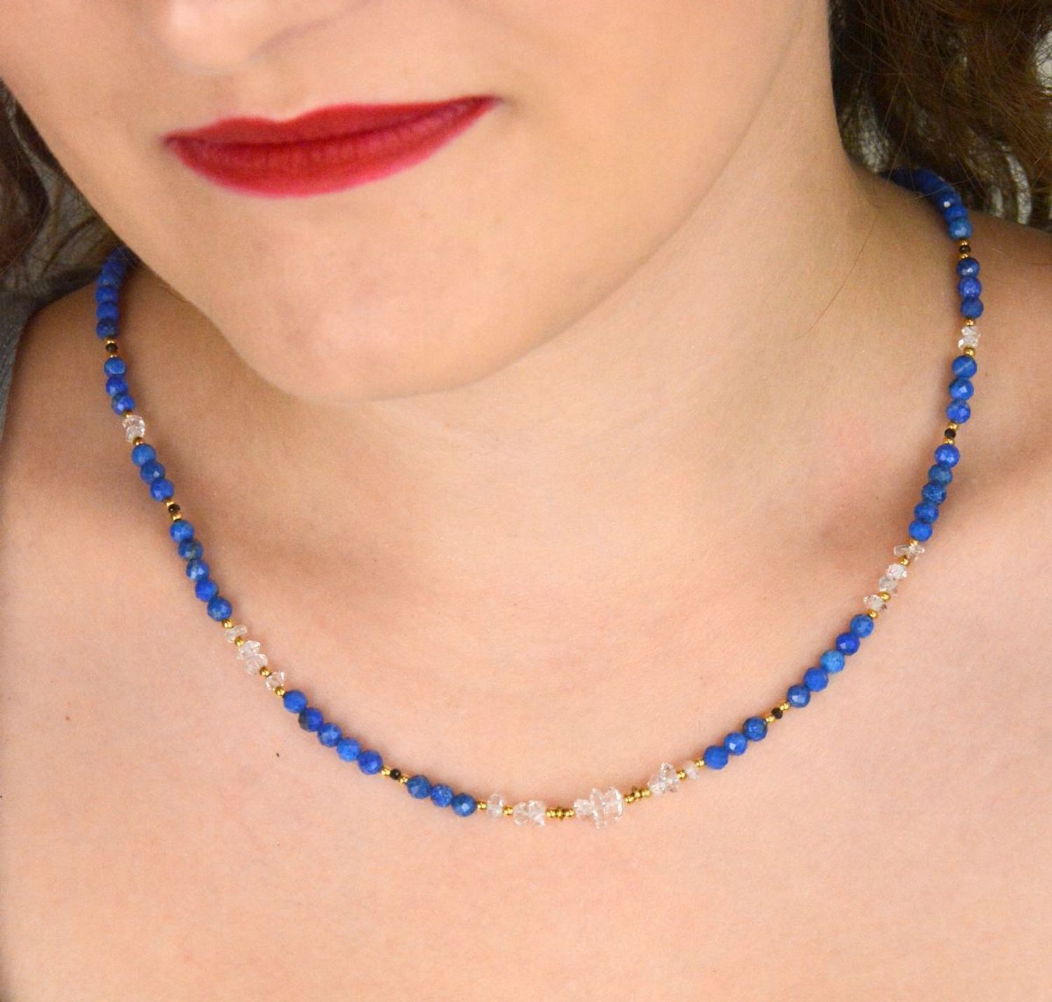 Naszyjnik damski z diamentem Herkimer i lapisem lazuli. Srebro 925, kamienie naturalne, długość 45+2 cm. Elegancka i unikatowa biżuteria.1.jpg