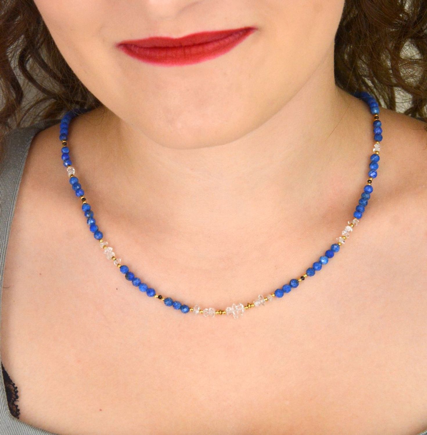 Naszyjnik damski z diamentem Herkimer i lapisem lazuli. Srebro 925, kamienie naturalne, długość 45+2 cm. Elegancka i unikatowa biżuteria.1.jpg