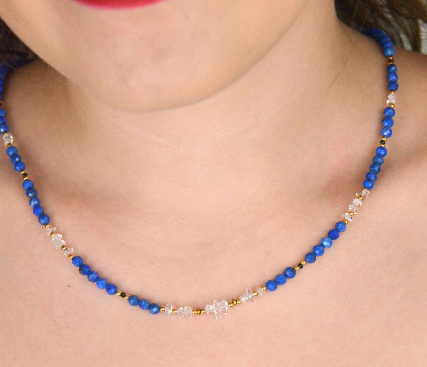 Naszyjnik damski z diamentem Herkimer i lapisem lazuli. Srebro 925, kamienie naturalne, długość 45+2 cm. Elegancka i unikatowa biżuteria.1.jpg