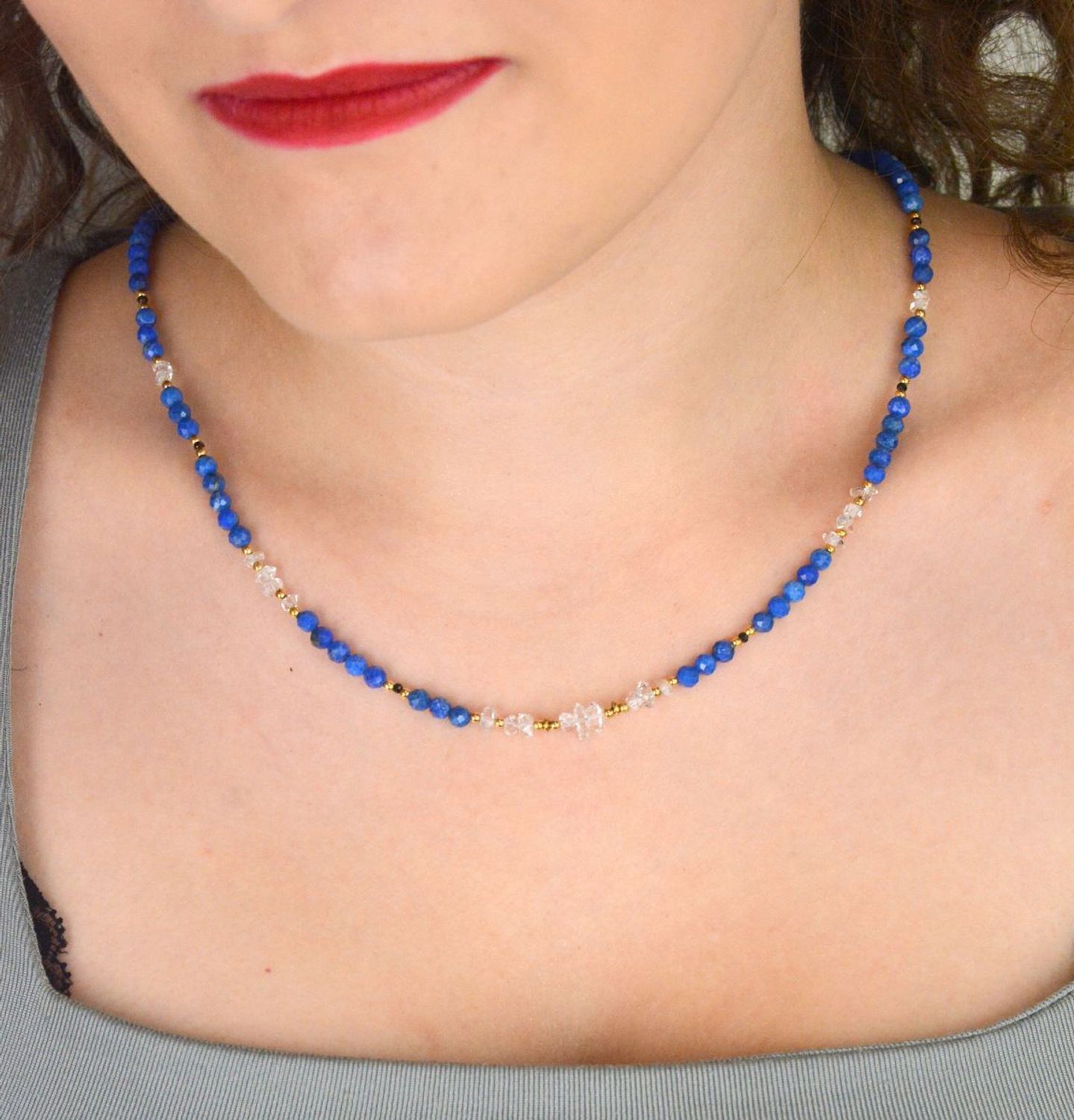 Naszyjnik damski z diamentem Herkimer i lapisem lazuli. Srebro 925, kamienie naturalne, długość 45+2 cm. Elegancka i unikatowa biżuteria.1.jpg