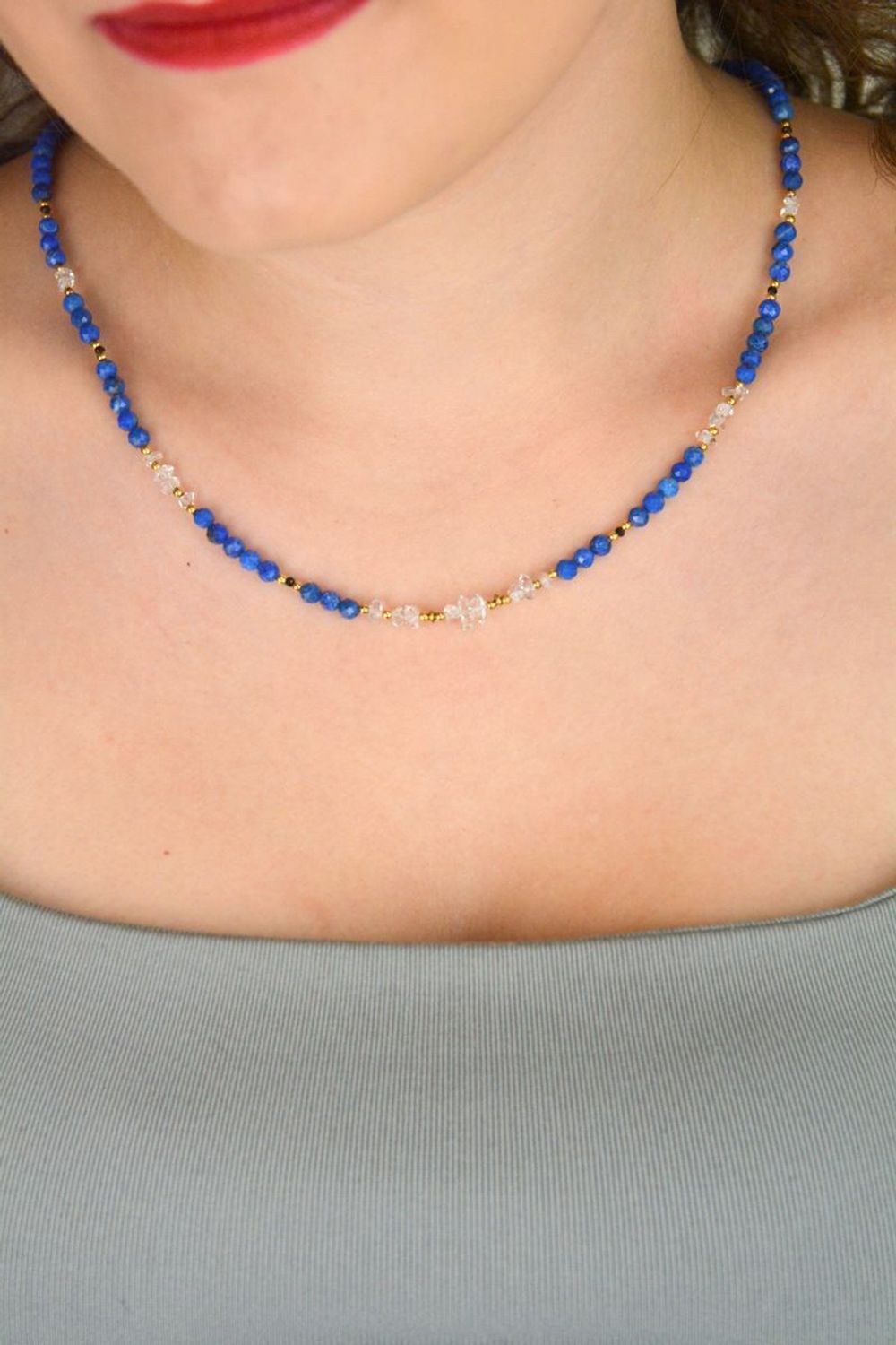 Naszyjnik damski z diamentem Herkimer i lapisem lazuli. Srebro 925, kamienie naturalne, długość 45+2 cm. Elegancka i unikatowa biżuteria.1.jpg