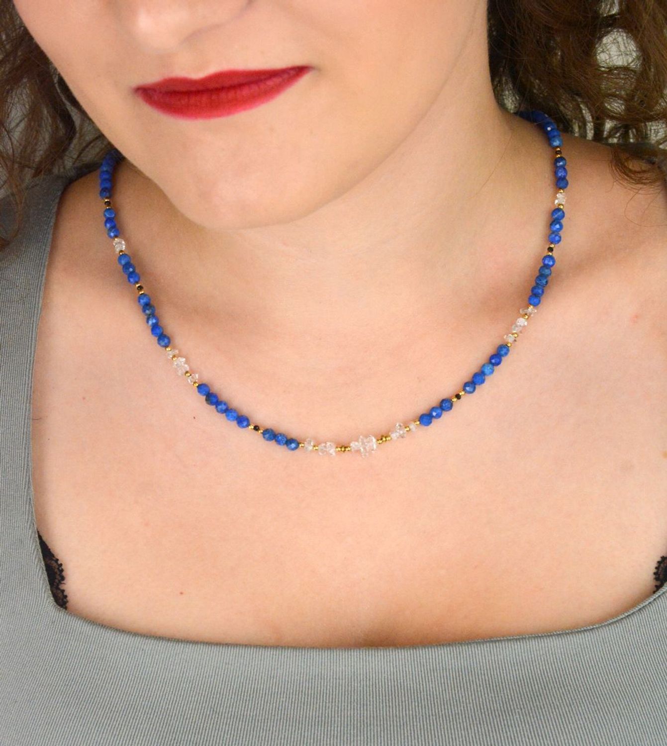 Naszyjnik damski z diamentem Herkimer i lapisem lazuli. Srebro 925, kamienie naturalne, długość 45+2 cm. Elegancka i unikatowa biżuteria.1.jpg