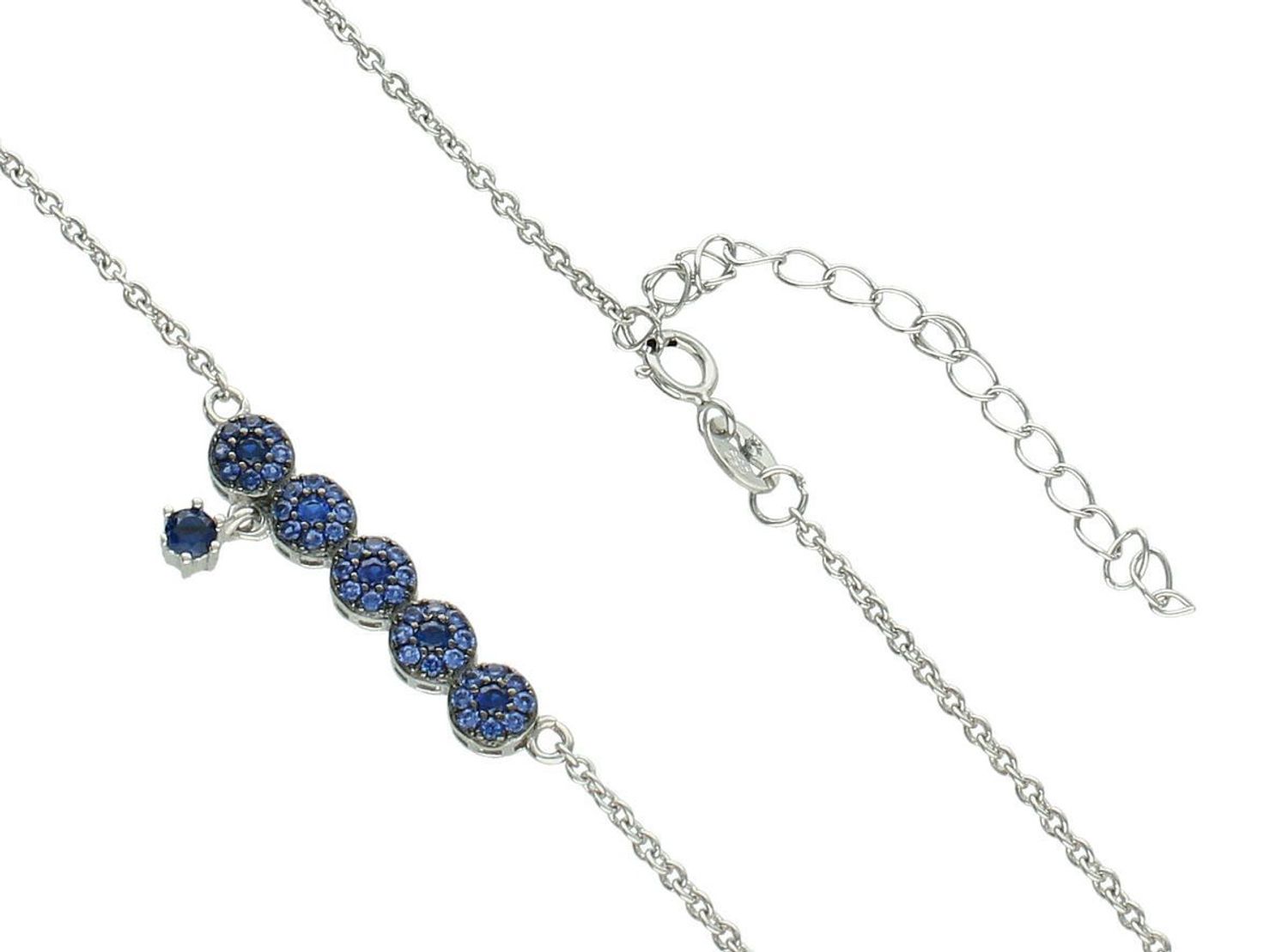 Naszyjnik srebrny próby 925 ozdobiony pięcioma kółeczkami z granatowymi cyrkoniami. Długość 40+5 cm. Stylowy, kobiecy i idealny na prezent.1.jpg