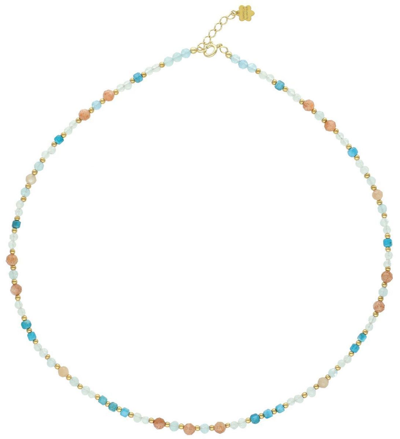 Ręcznie robiony naszyjnik pozłacany srebro 925 z naturalnymi kamieniami topaz, apatyt, akwamaryn. Długość 43+2 cm, zapięcie karabińczyk.1.jpg