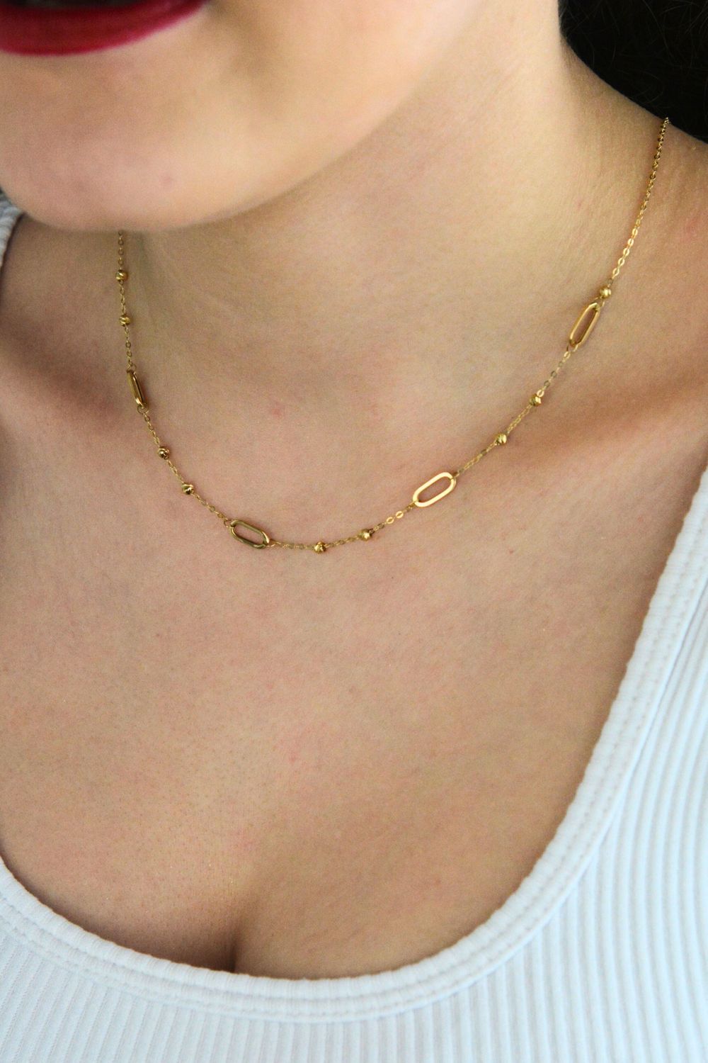 Złoty naszyjnik 585 z gładkimi ognikami i błyszczącymi kuleczkami – 45 cm.jpg