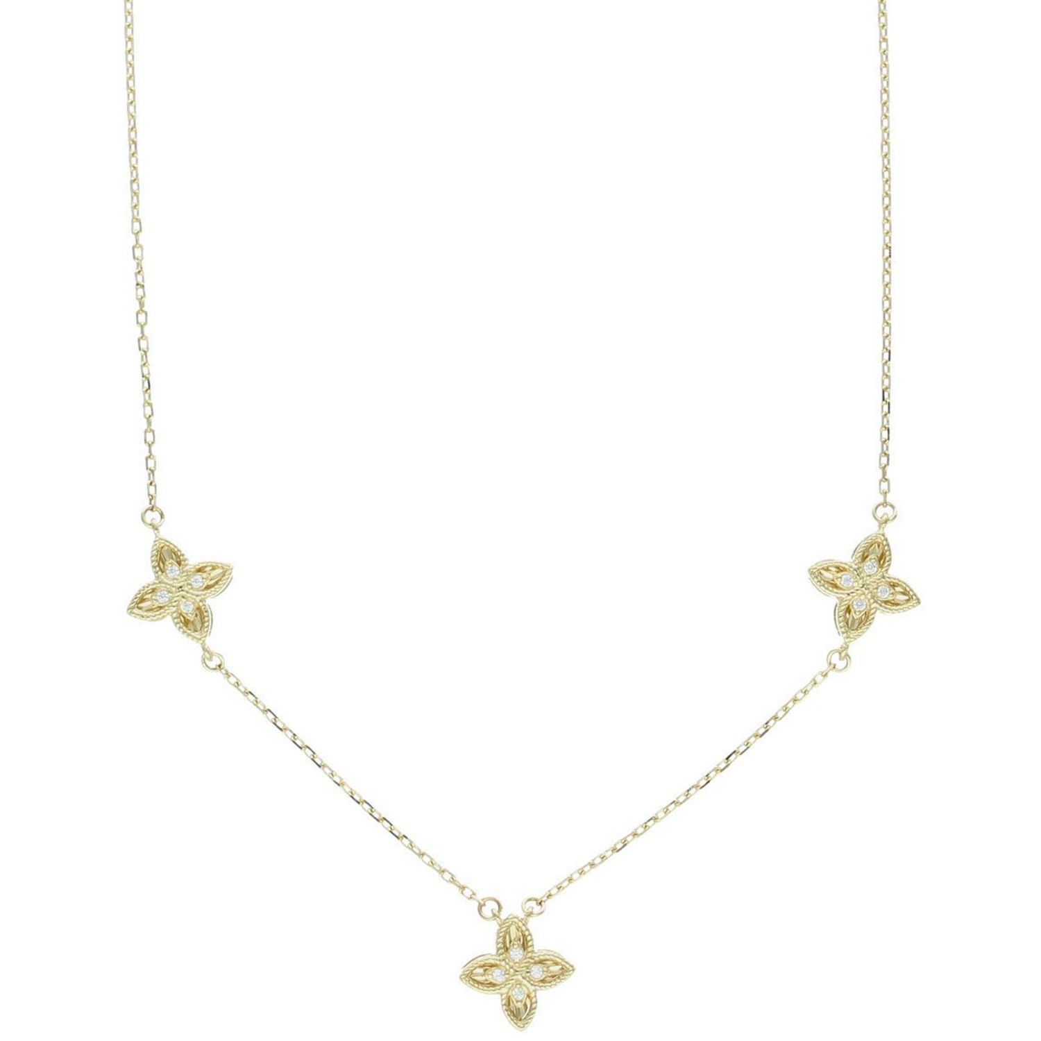 Delikatny naszyjnik damski ze złota próby 585, model DIA-NSZ-13781-585. Zdobiony trzema kwiatkami z cyrkoniami, długość 42 + 3 cm, waga 3,45 g, zapięcie na karabińczyk. Idealna biżuteria 1.jpg
