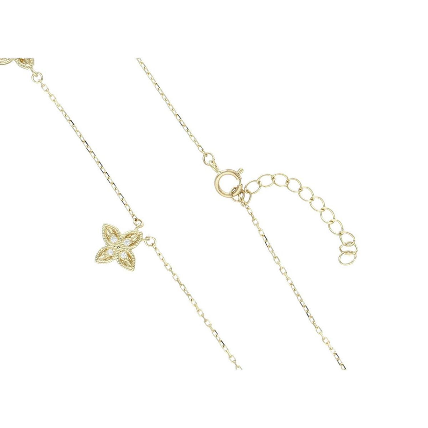 Delikatny naszyjnik damski ze złota próby 585, model DIA-NSZ-13781-585. Zdobiony trzema kwiatkami z cyrkoniami, długość 42 + 3 cm, waga 3,45 g, zapięcie na karabińczyk. Idealna biżuteria 1.jpg