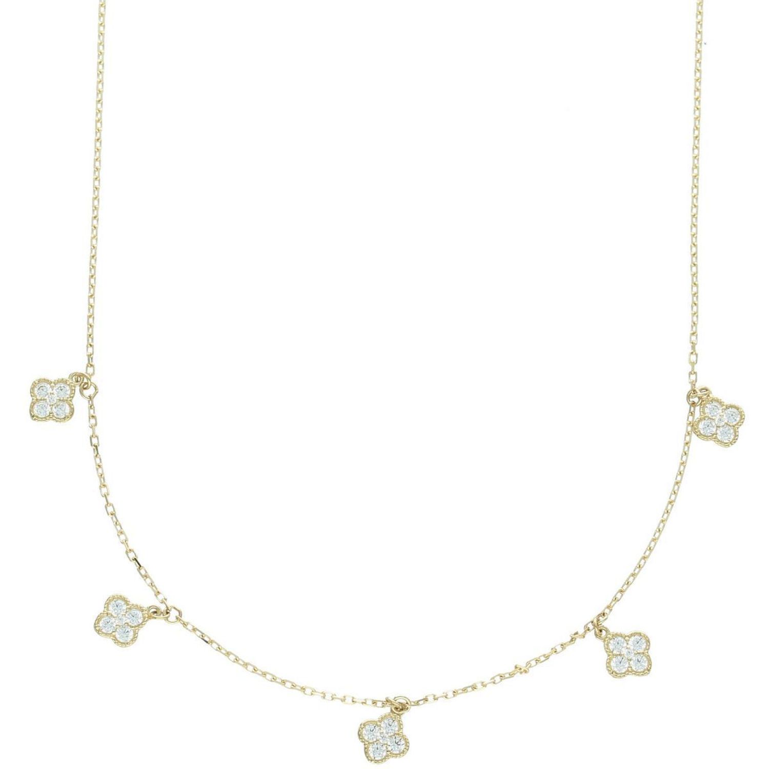 Delikatny naszyjnik damski ze złota próby 585, model DIA-NSZ-13784-585. Wiszące koniczynki z białymi cyrkoniami, długość 42 + 3 cm, waga 2,24 g, zapięcie na karabińczyk1.jpg