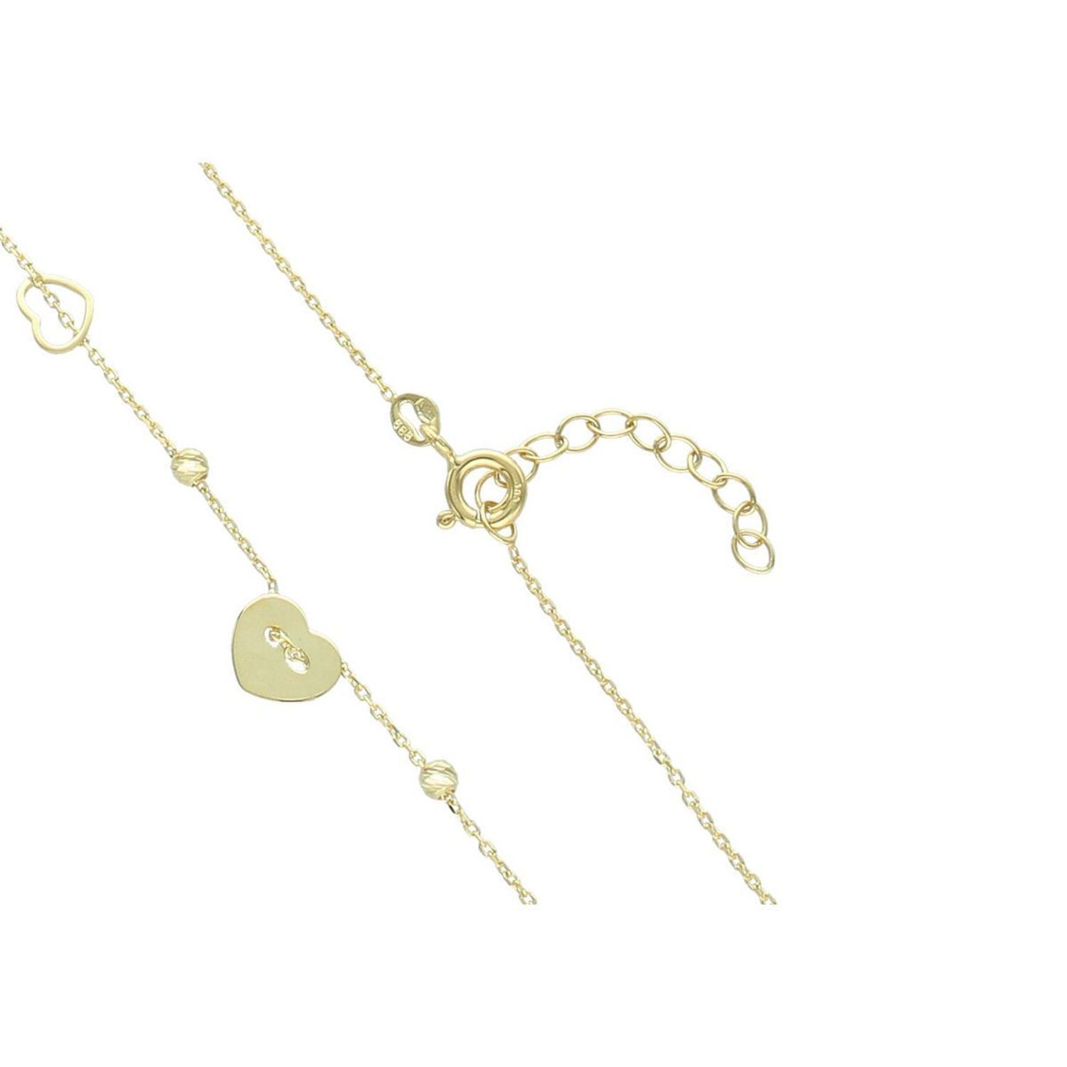 Subtelny naszyjnik damski celebrytka ze złota próby 585, model DIA-NSZ-13789-585. Zdobiony kuleczkami i serduszkami, długość 42 + 3 cm, waga 2,00 g, zapięcie na karabińczyk.1.jpg
