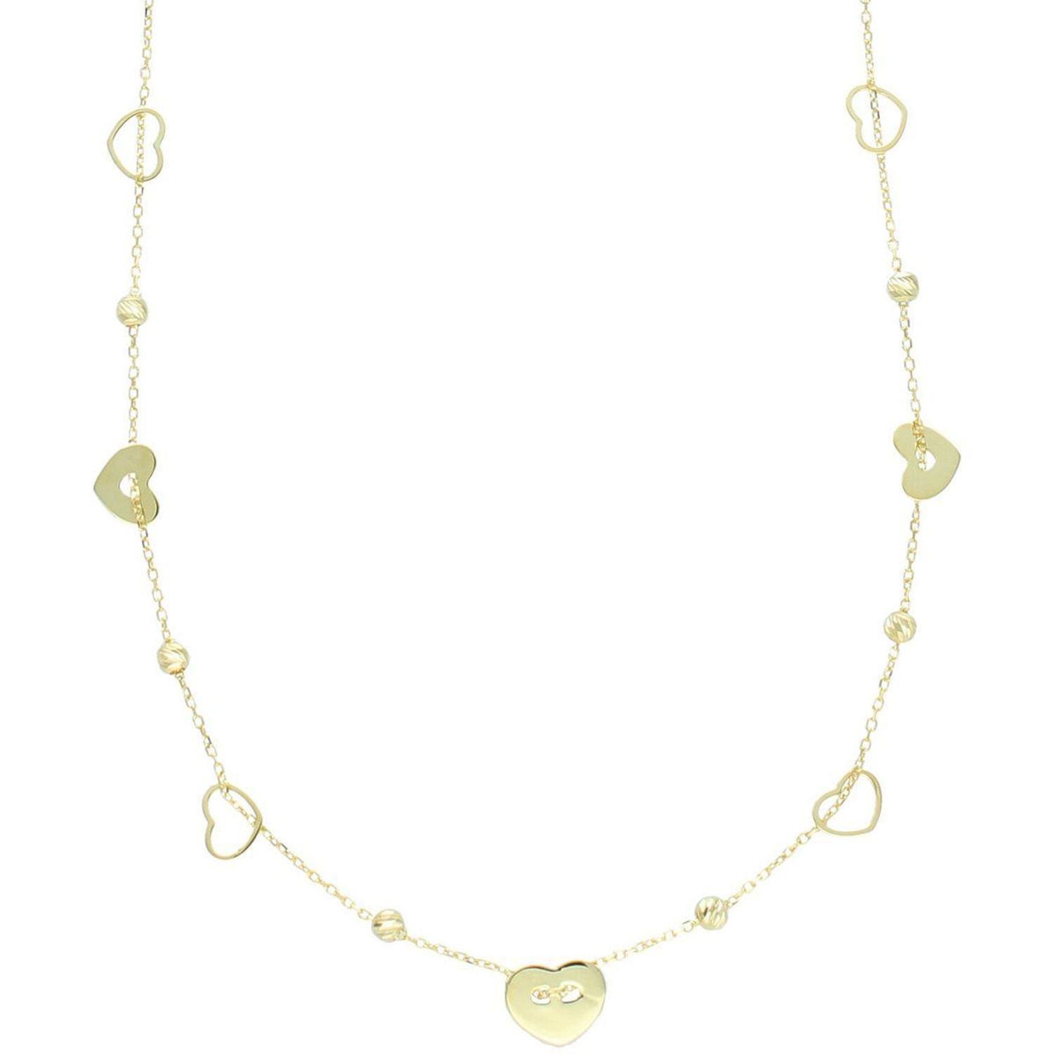 Subtelny naszyjnik damski celebrytka ze złota próby 585, model DIA-NSZ-13789-585. Zdobiony kuleczkami i serduszkami, długość 42 + 3 cm, waga 2,00 g, zapięcie na karabińczyk.1.jpg