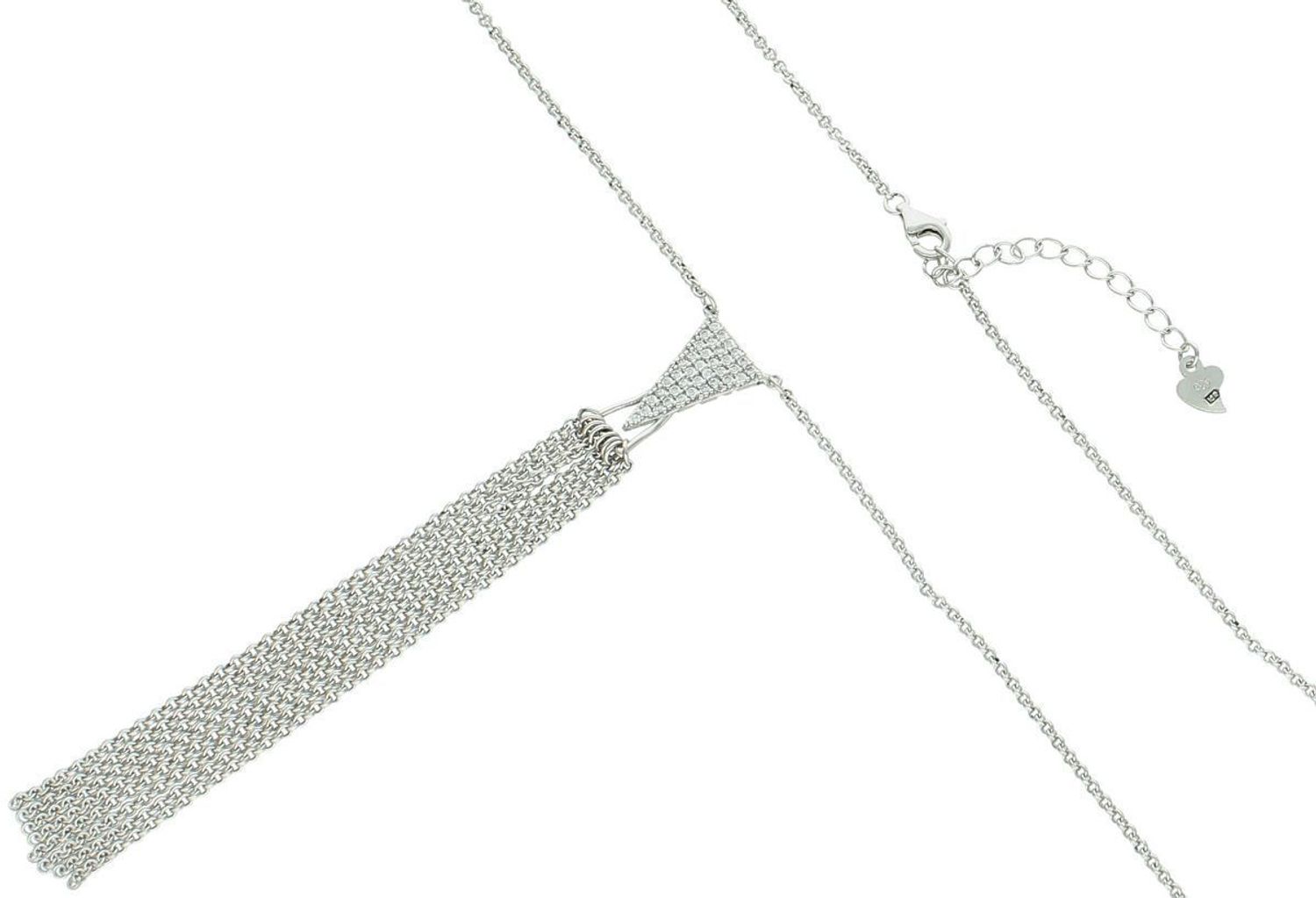 Srebrny naszyjnik 925 z trójkątną zawieszką z białymi cyrkoniami i wiszącymi łańcuszkami. Długość 65+4 cm. Elegancja z nowoczesnym stylem.1.jpg
