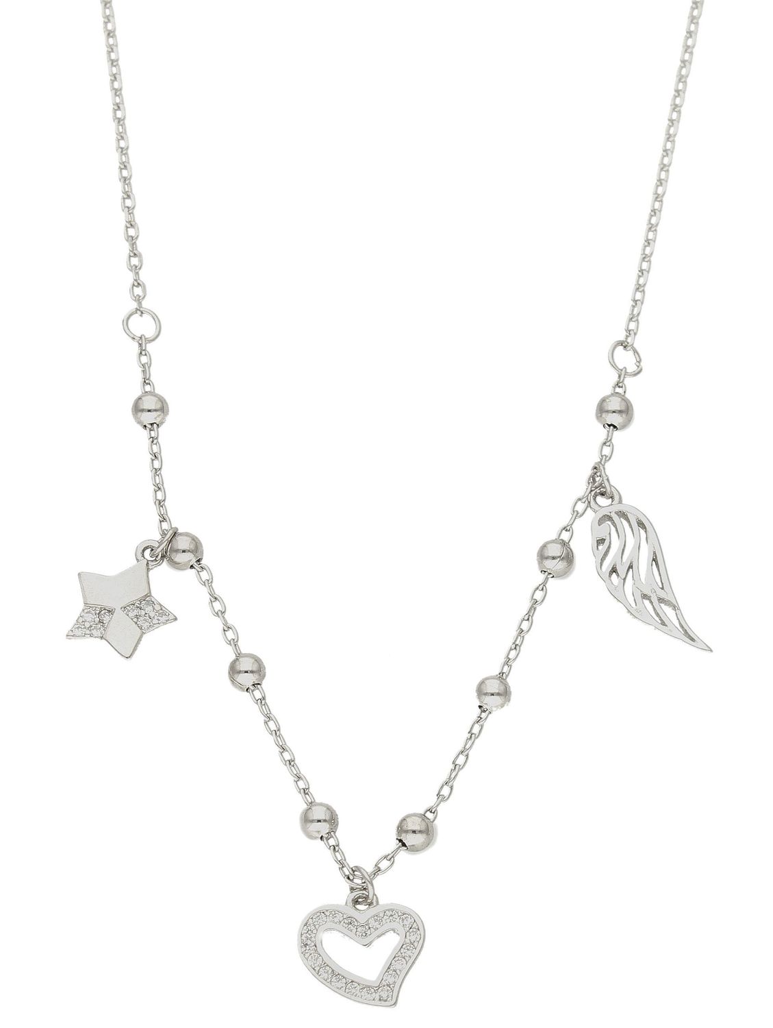 Naszyjnik srebrny damski celebrytka z wiszącymi elementami i kuleczkami DIA-NSZ-2225-925. Naszyjnik wykonany z najwyższej próby srebra z ozdobnym splotem łańcuszka z wiszącymi elementami tj.skrzydełko, serduszko, gwiazdka. C.jpg