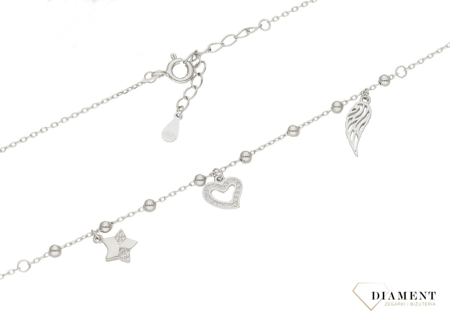 Naszyjnik srebrny damski celebrytka z wiszącymi elementami i kuleczkami DIA-NSZ-2225-925. Naszyjnik wykonany z najwyższej próby srebra z ozdobnym splotem łańcuszka z wiszącymi elementami tj.skrzydełko, serduszko, gwiazdka. C.jpg