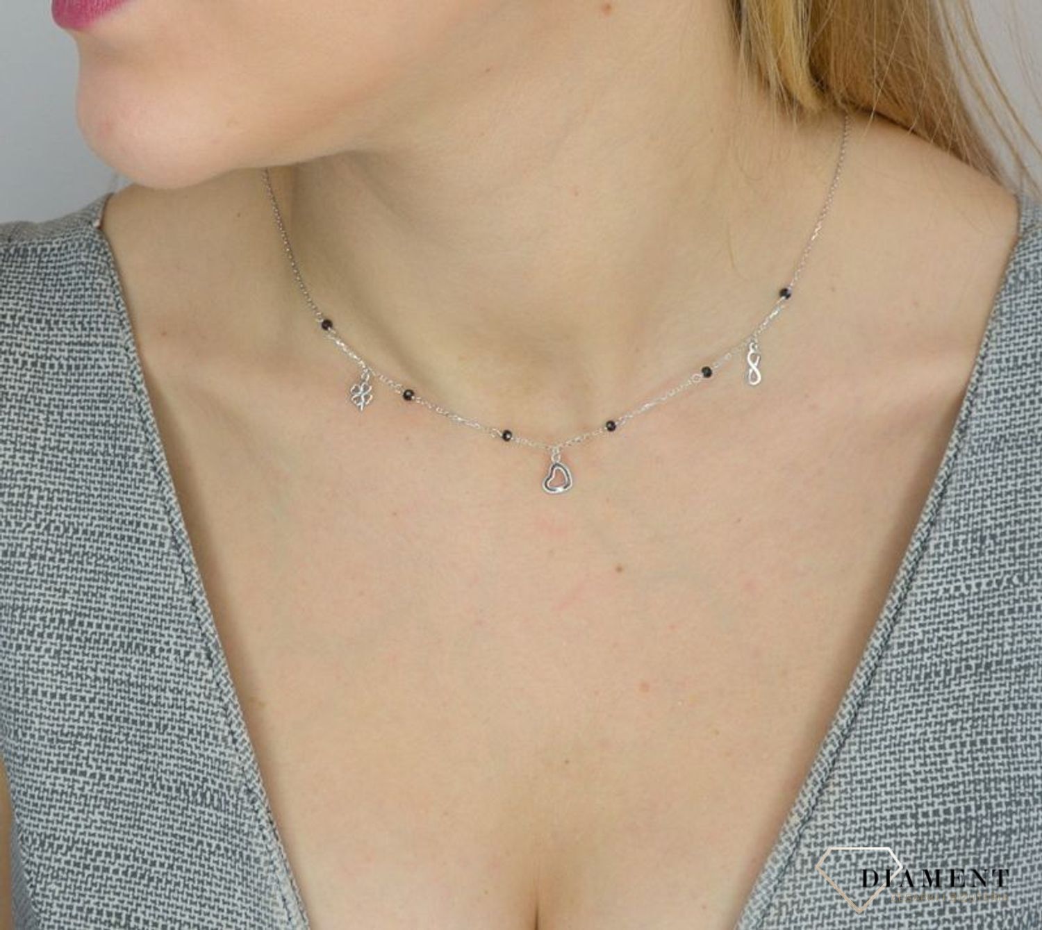 Naszyjnik srebrny damski koniczynka nieskończoność serce 925 DIA-NSZ-2308-925.jpg